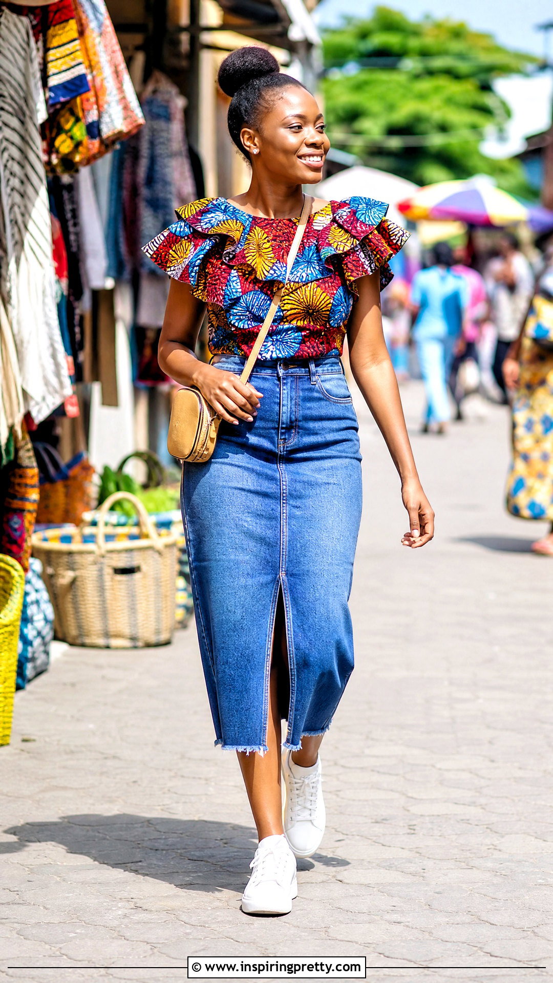 Kitenge Ruffle Top With Denim Skirt - 50 kitenge tops outfit ideas