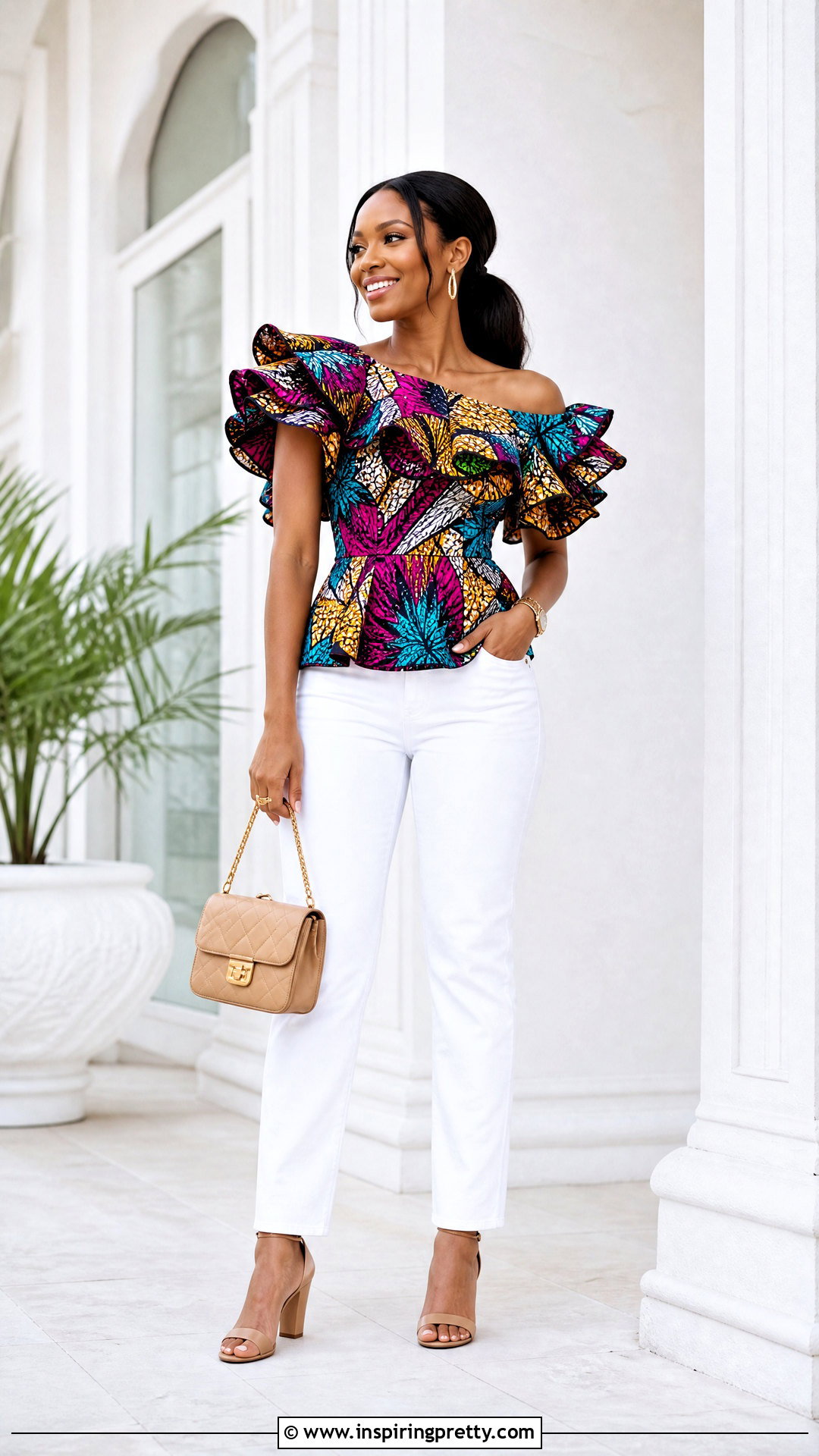 Kitenge Ruffle Top With White Jeans - 50 kitenge tops designs