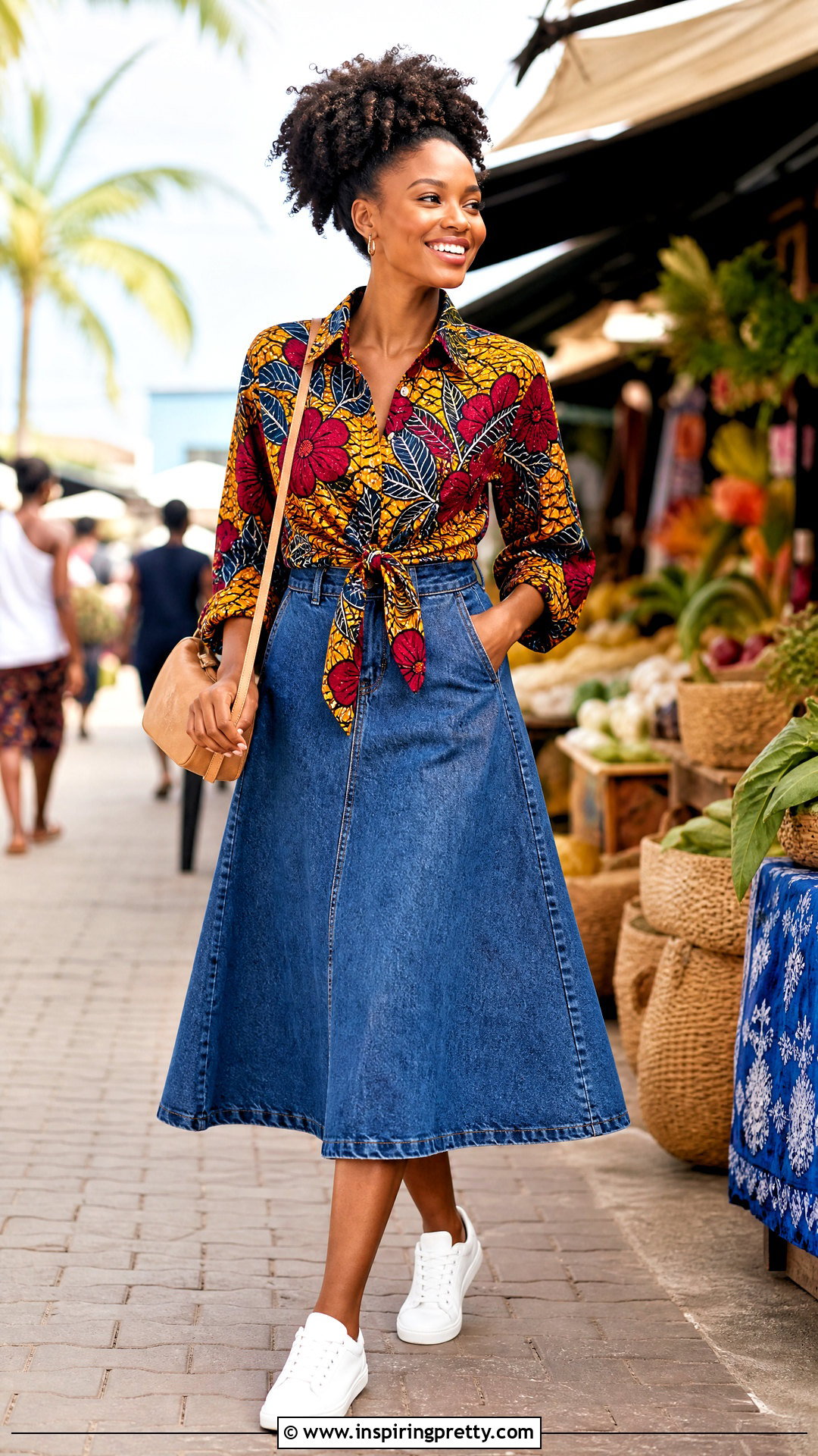 Kitenge Tie Front Top With Denim Skirt - 50 kitenge tops designs