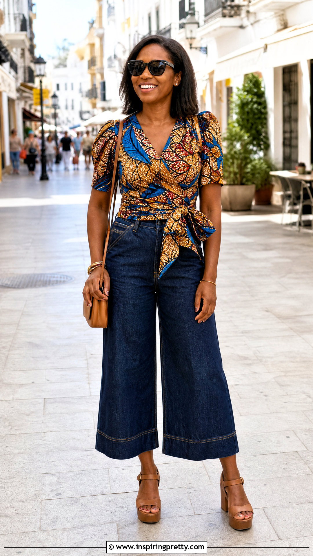 Kitenge Wrap Blouse With Denim Culottes - 50 kitenge tops designs
