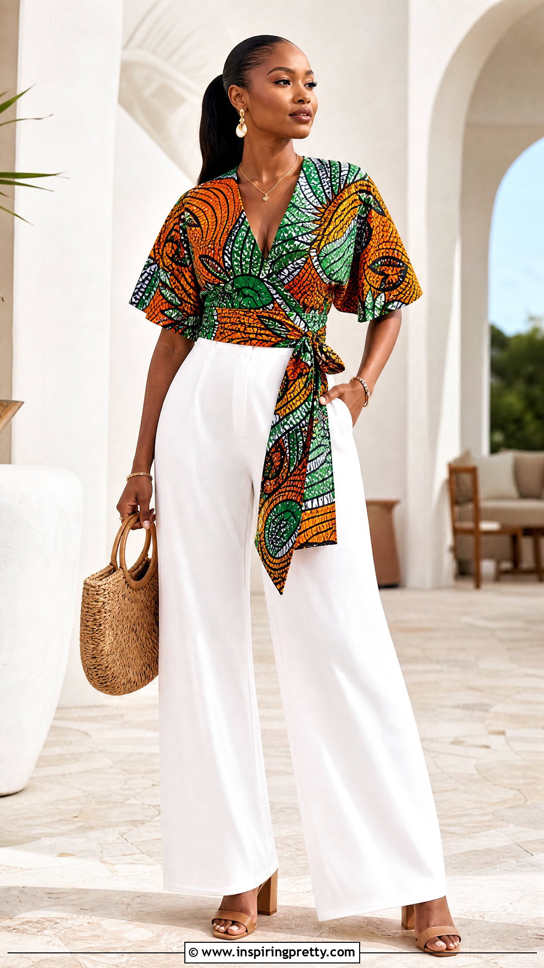 Kitenge Wrap Top With White Wide Leg Pants - 50 kitenge tops designs