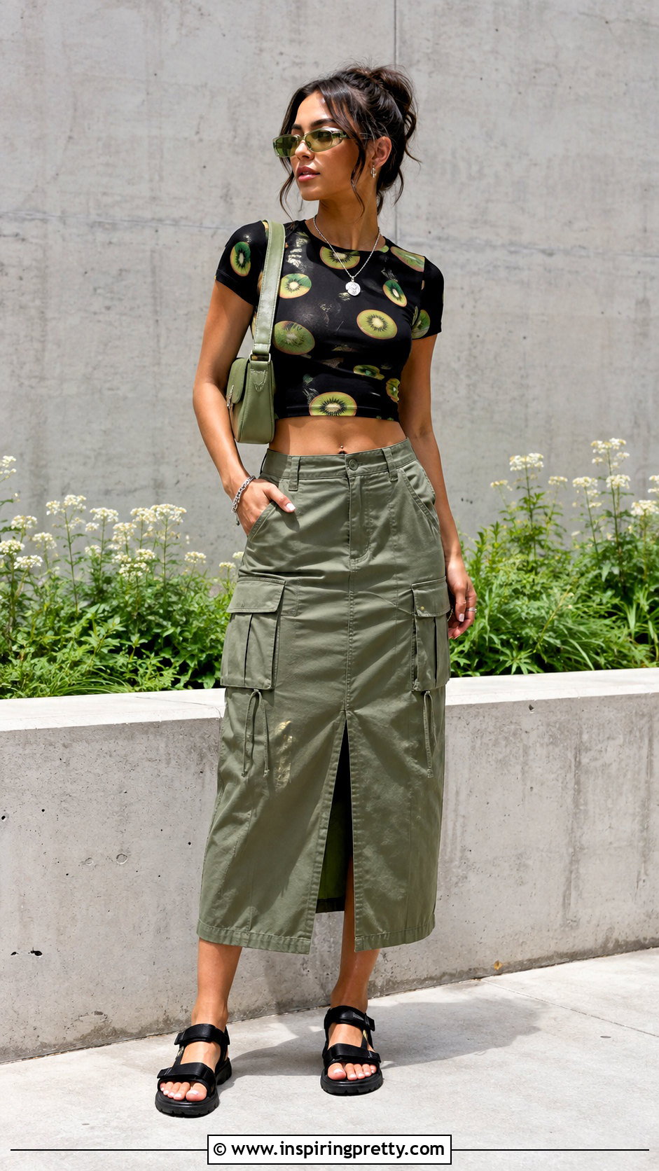 Kiwi Fruit Crop Top With Olive Cargo Skirt - 25 fruit crop top outfit ideas
