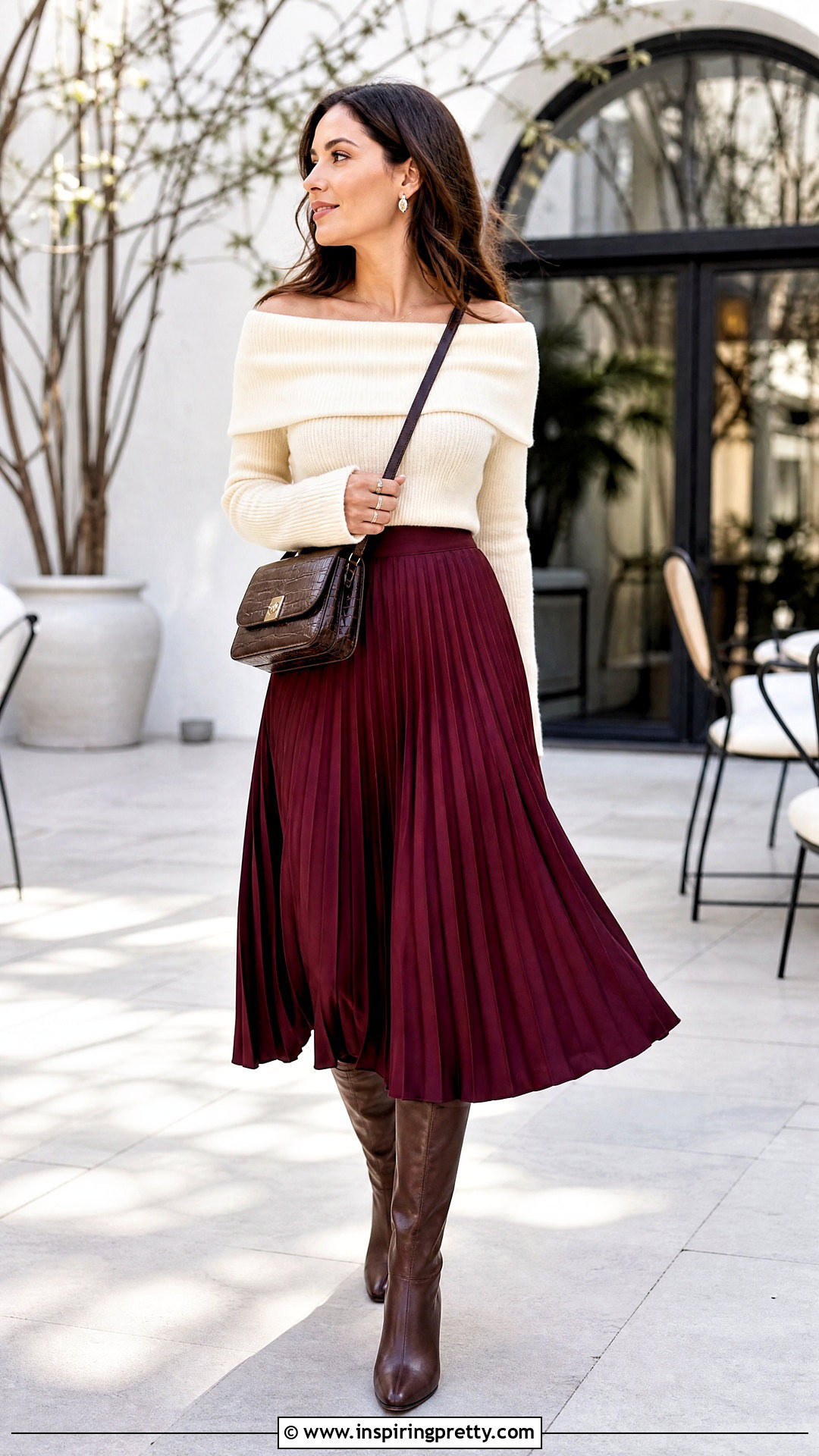 Knit Bardot Top With Pleated Midi Skirt - 50 bardot top outfit ideas