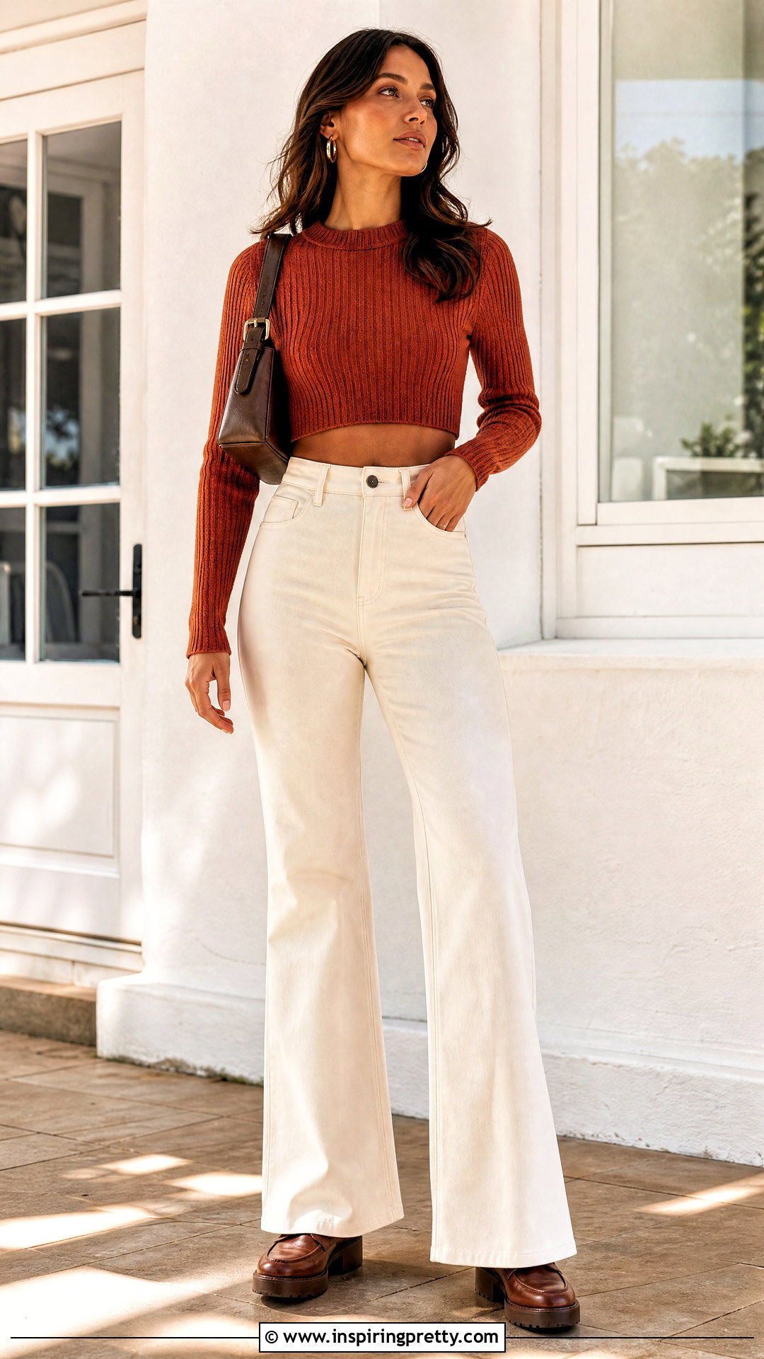 Knit Crop Top With Flared Trousers - 20 crop top trousers outfit ideas