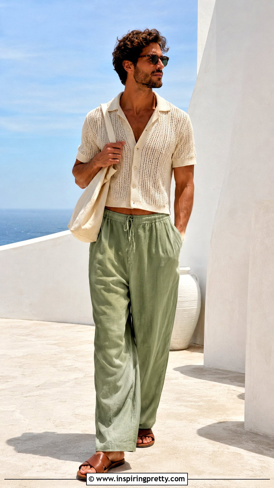 Knit Crop Top With Linen Pants And Slides - 20 men’s crop tops outfit ideas