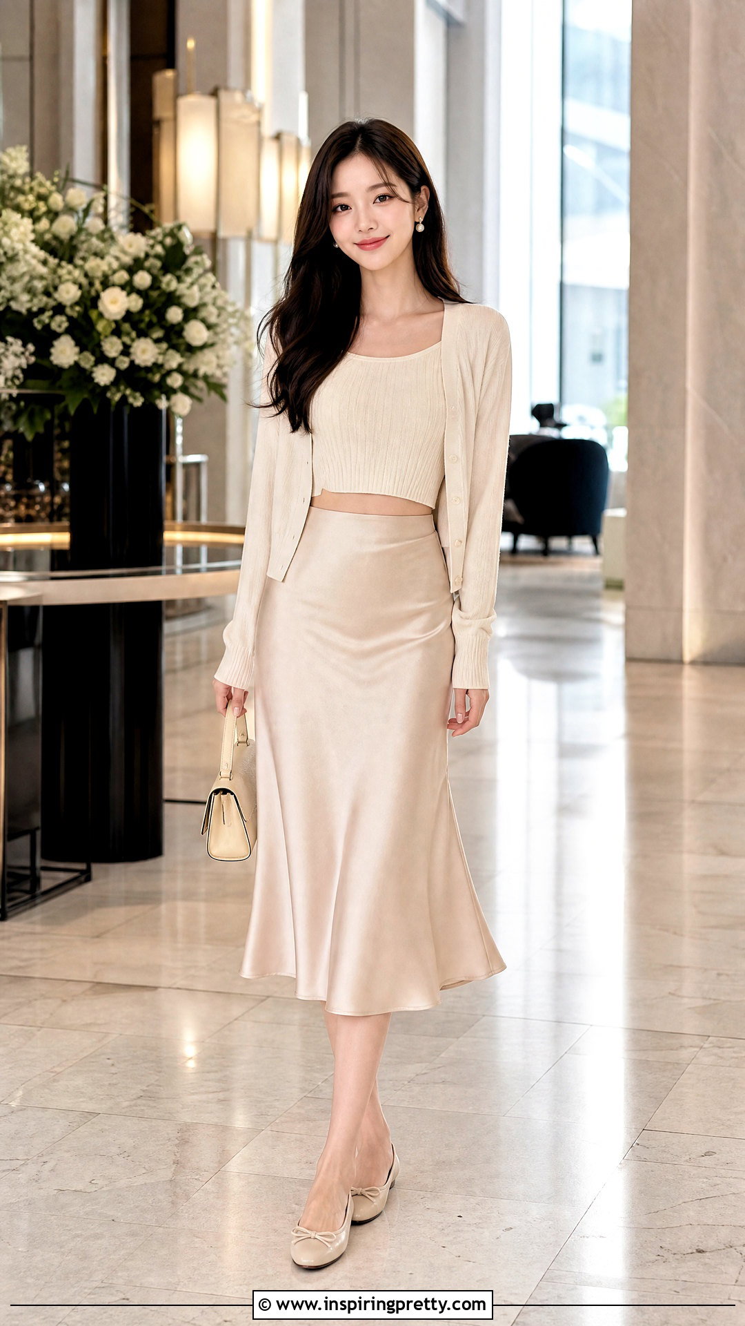 Knit Crop Top With Satin Midi Skirt Outfit - 50 crop top outfits korean styles