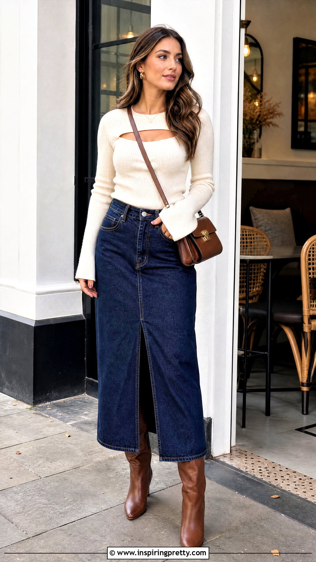 Knit Cut Out Chest Front Top With Denim Midi Skirt - 20 Cut Out Chest Front Top outfit ideas