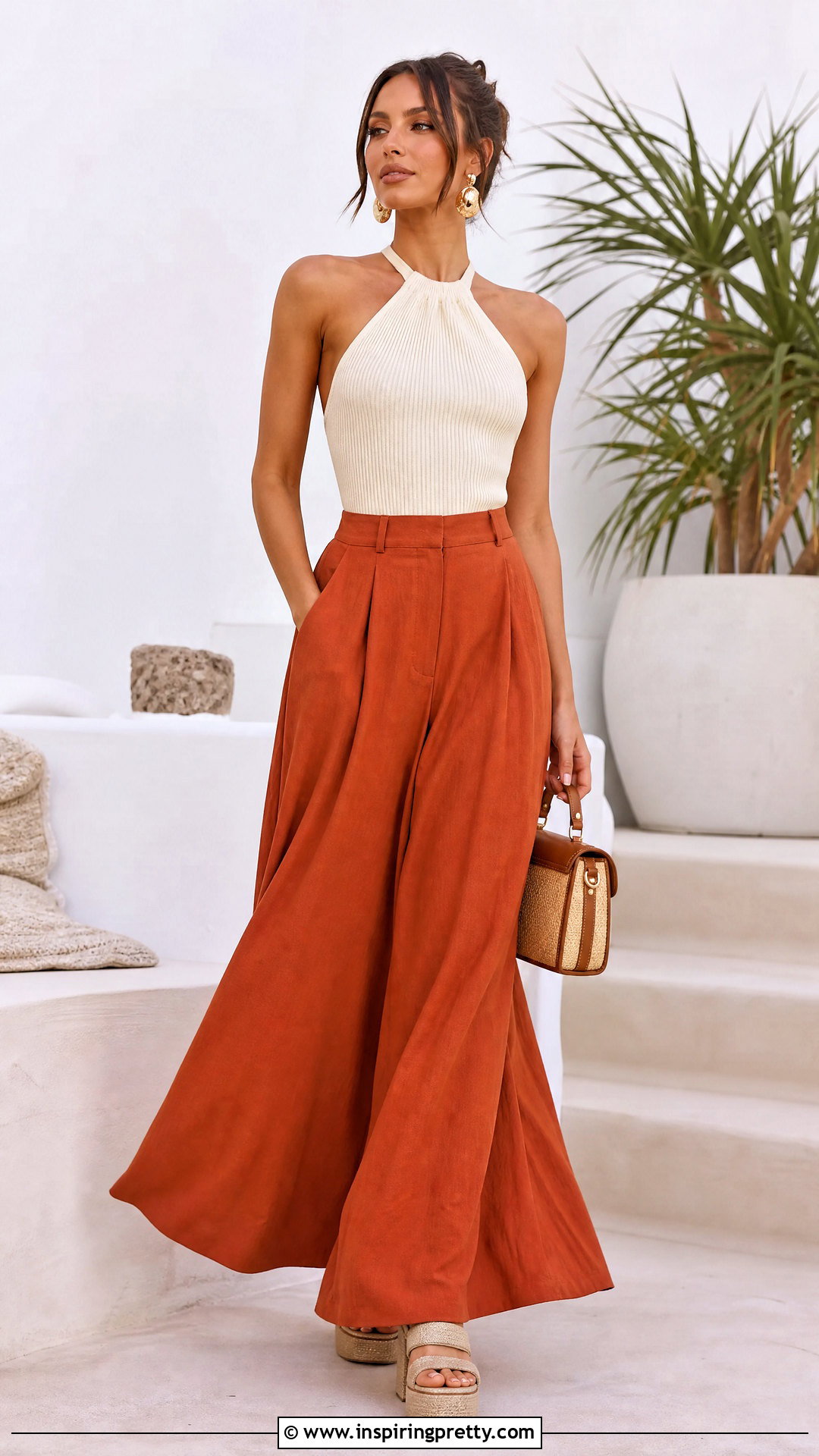 Knit Halter Neck Top With Palazzo Pants - 50 halter neck top outfit ideas