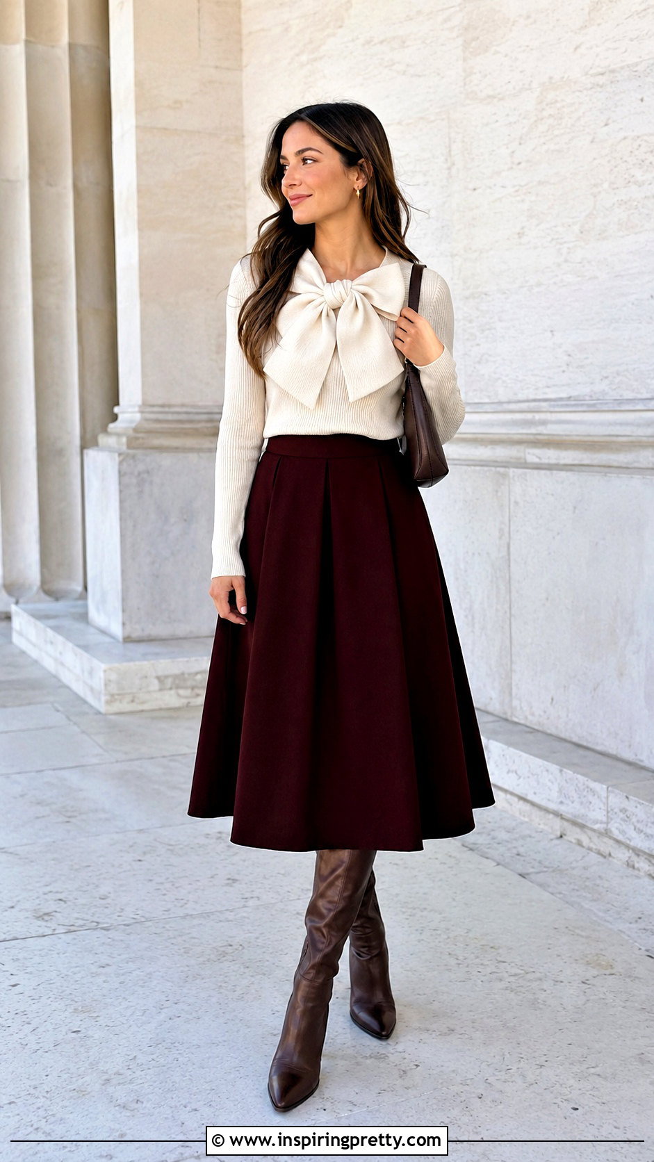 Knit Large Bow Top With A Line Midi Skirt - 25 Large Bow Top outfit ideas
