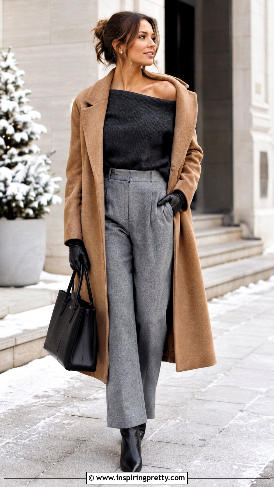 Knit Long Sleeve Off Shoulder Top With Wool Trousers - 50 long sleeve off shoulder top outfit ideas