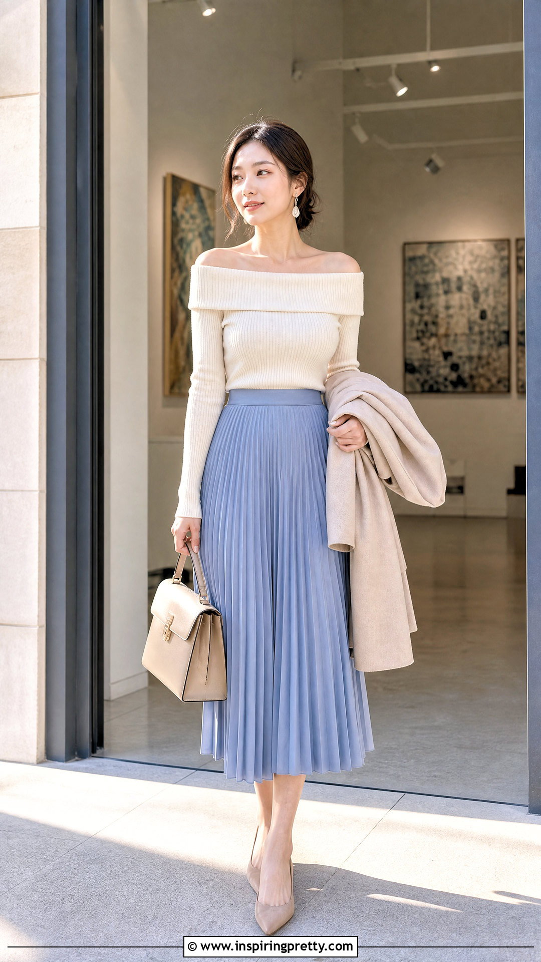 Knit Off Shoulder Top With Pleated Midi Skirt - 50 off shoulder top with skirt outfit ideas