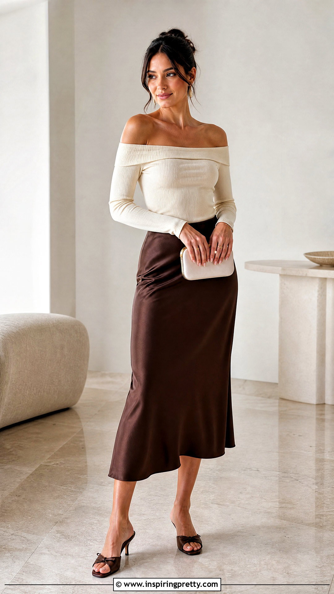 Knit Off Shoulder Top With Satin Skirt - 50 shoulder off top outfits
