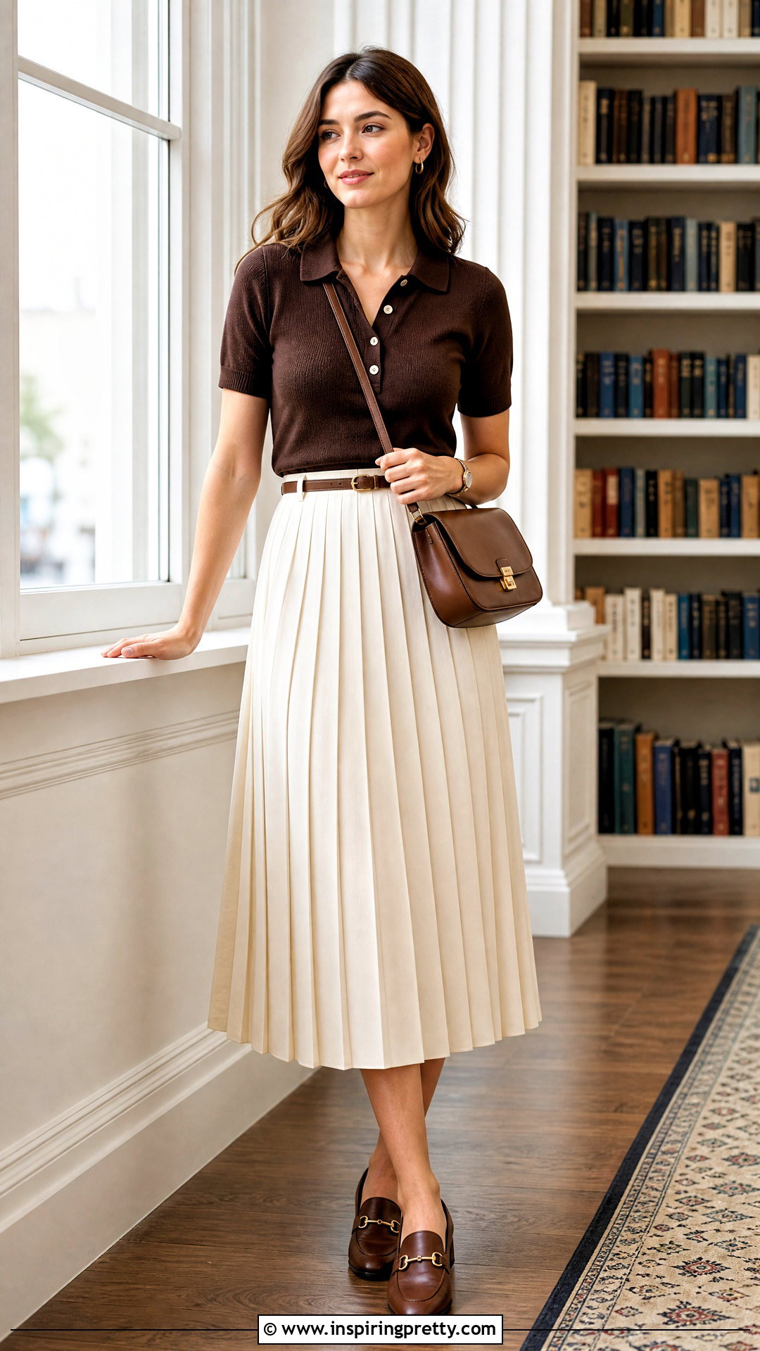 Knit Polo Top Outfit With Pleated Midi Skirt - 50 trendy tops outfit ideas