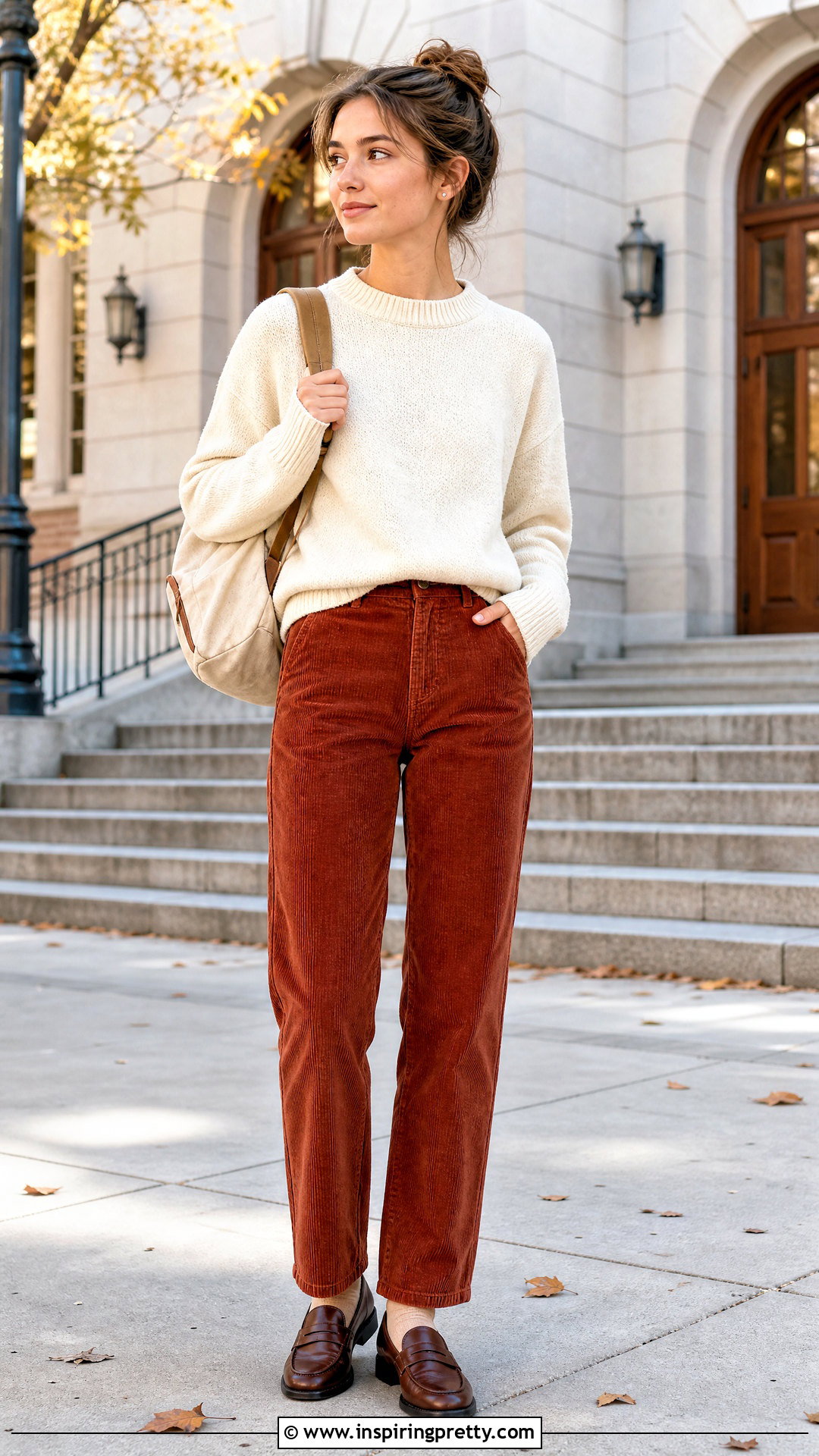 Knit Pullover Top And Corduroy Pants Outfit - 50 cute tops for school ideas