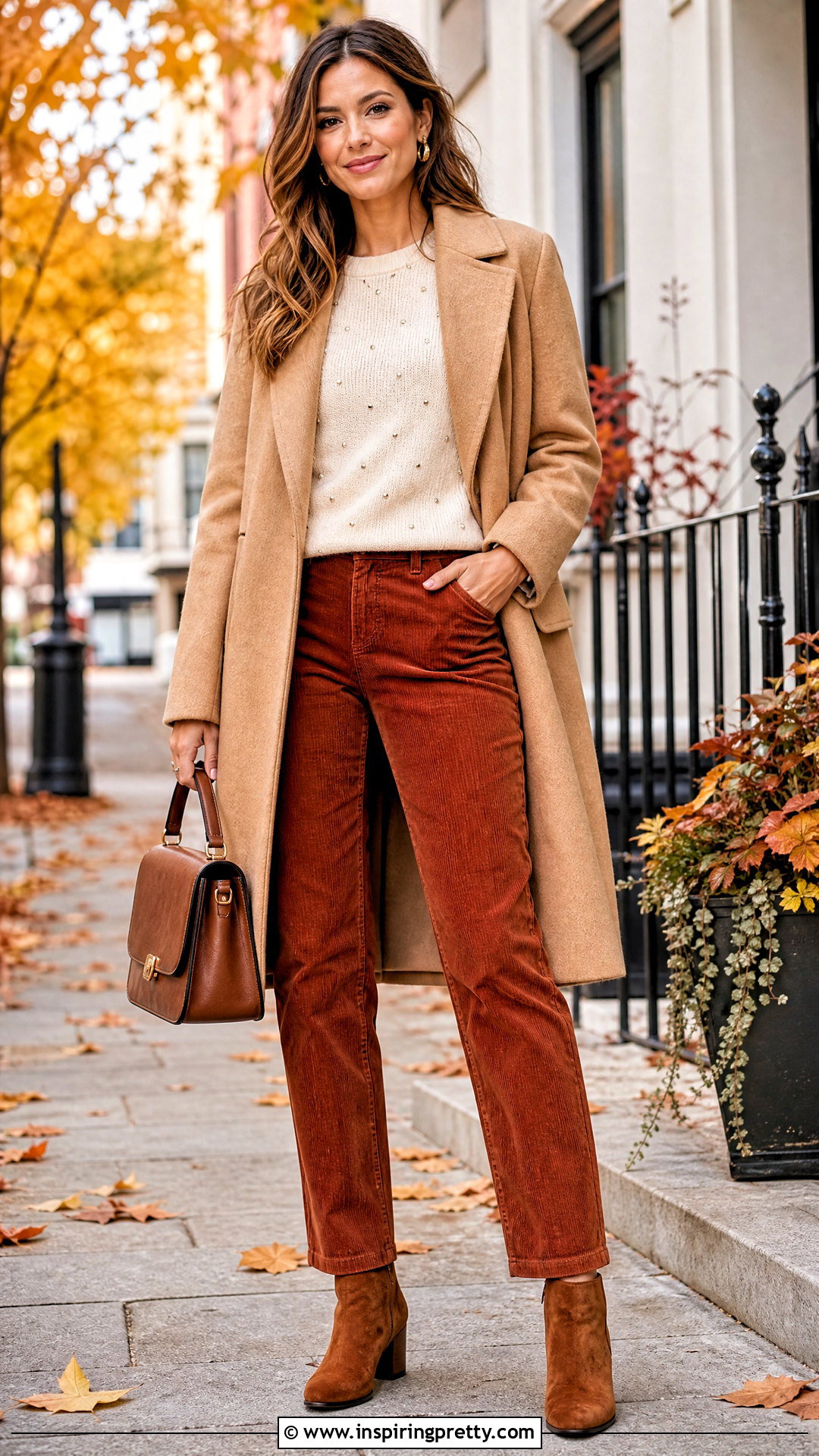 Knit Stud Trim Top With Corduroy Pants - 20 stud trim top outfit ideas