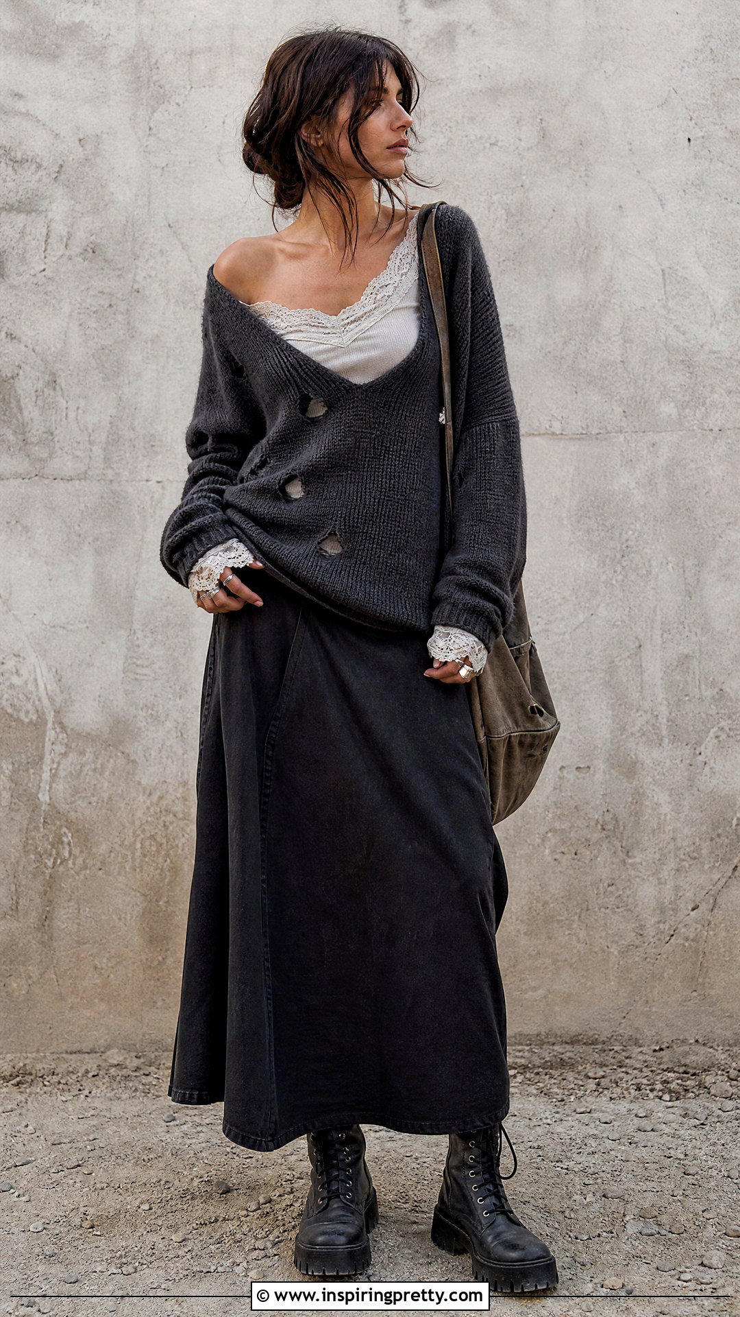 Knit Sweater Over Lace Top Grunge Outfit - 20 Layered Tops Outfits Grunge Ideas