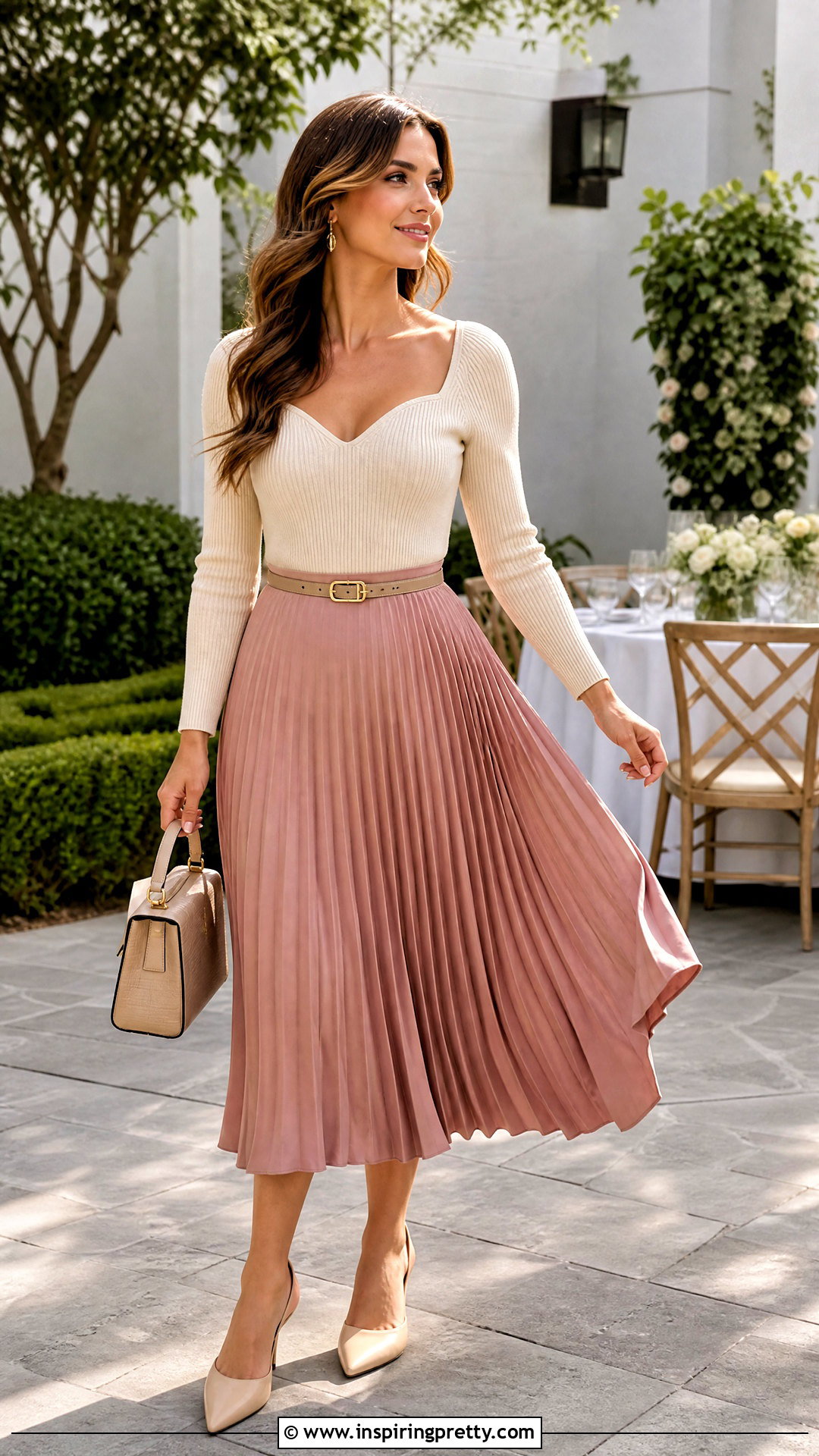 Knit Sweetheart Neckline Top With Pleated Midi Skirt - 50 sweetheart neckline top outfit ideas