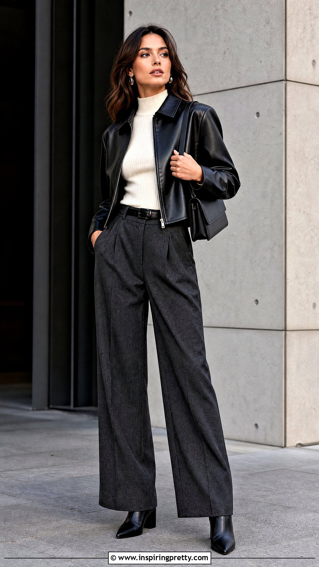 Knit Top With Leather Jacket And Trousers - 50 knit top outfit ideas