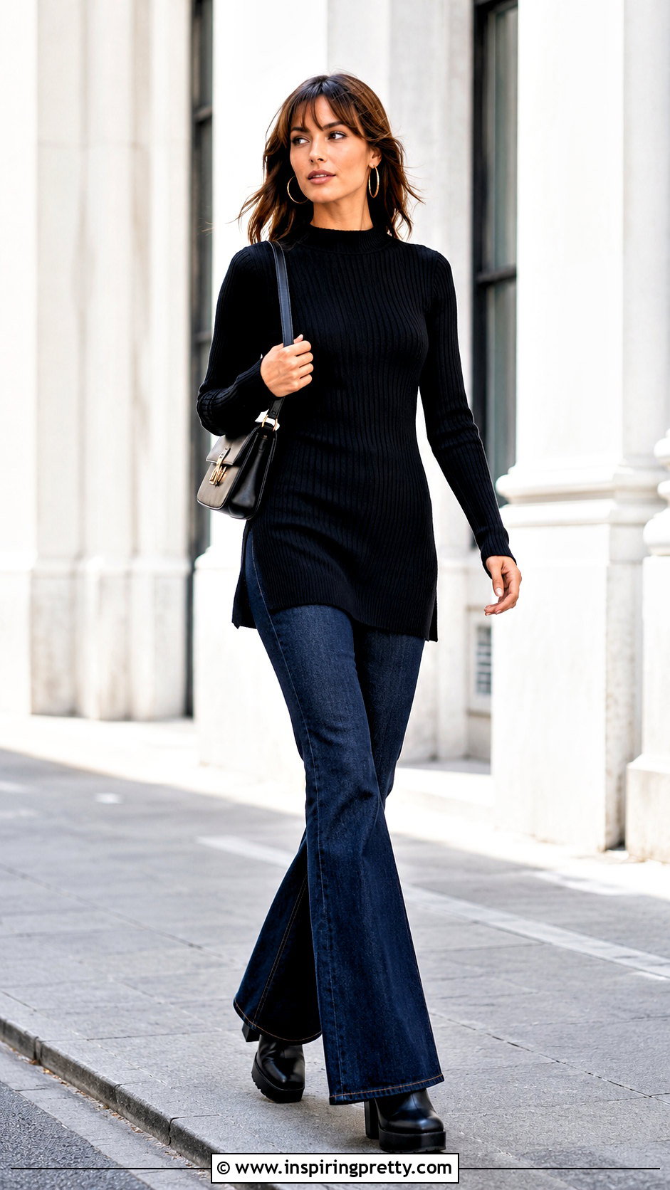 Knit Tunic Top With Flare Jeans And Platform Boots - 25 knit tunic top outfit ideas