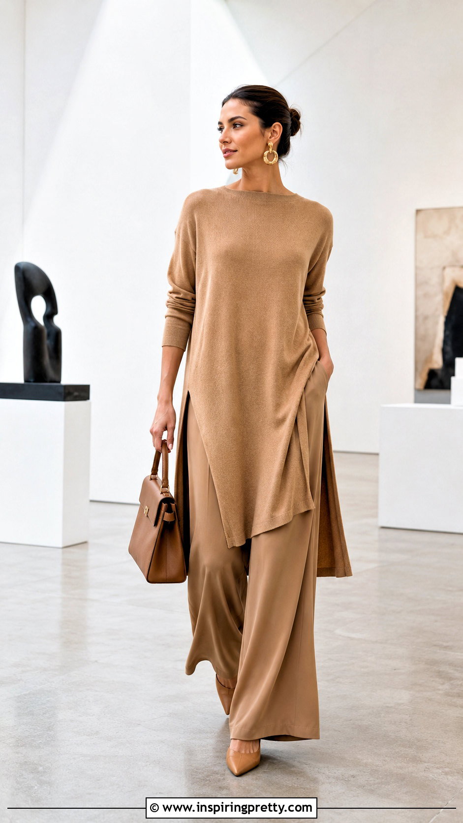 Knit Tunic Top With Wide Leg Trousers And Mules - 25 knit tunic top outfit ideas