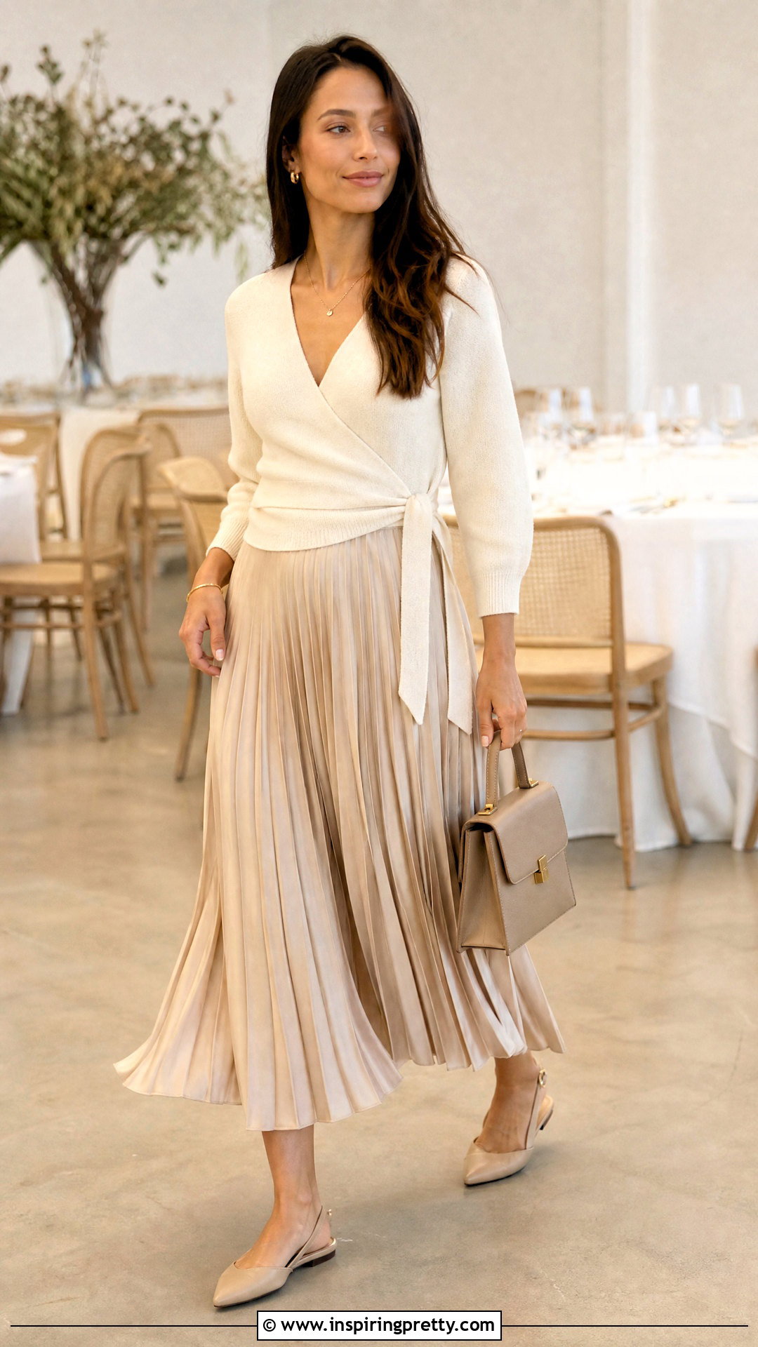 Knit Wrap Top With Pleated Midi Skirt - 50 wrap top outfit ideas