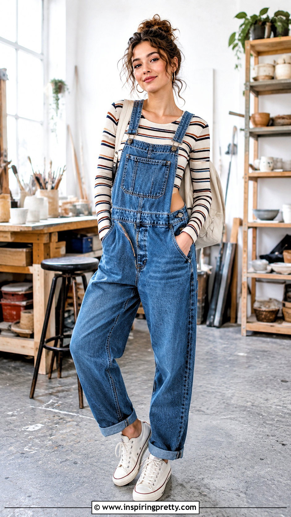 Knitted Crop Top With Denim Overalls - 50 knitted crop top outfit ideas