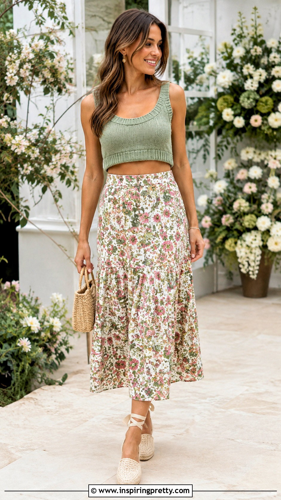 Knitted Crop Top With Floral Midi Skirt - 50 knitted crop top outfit ideas