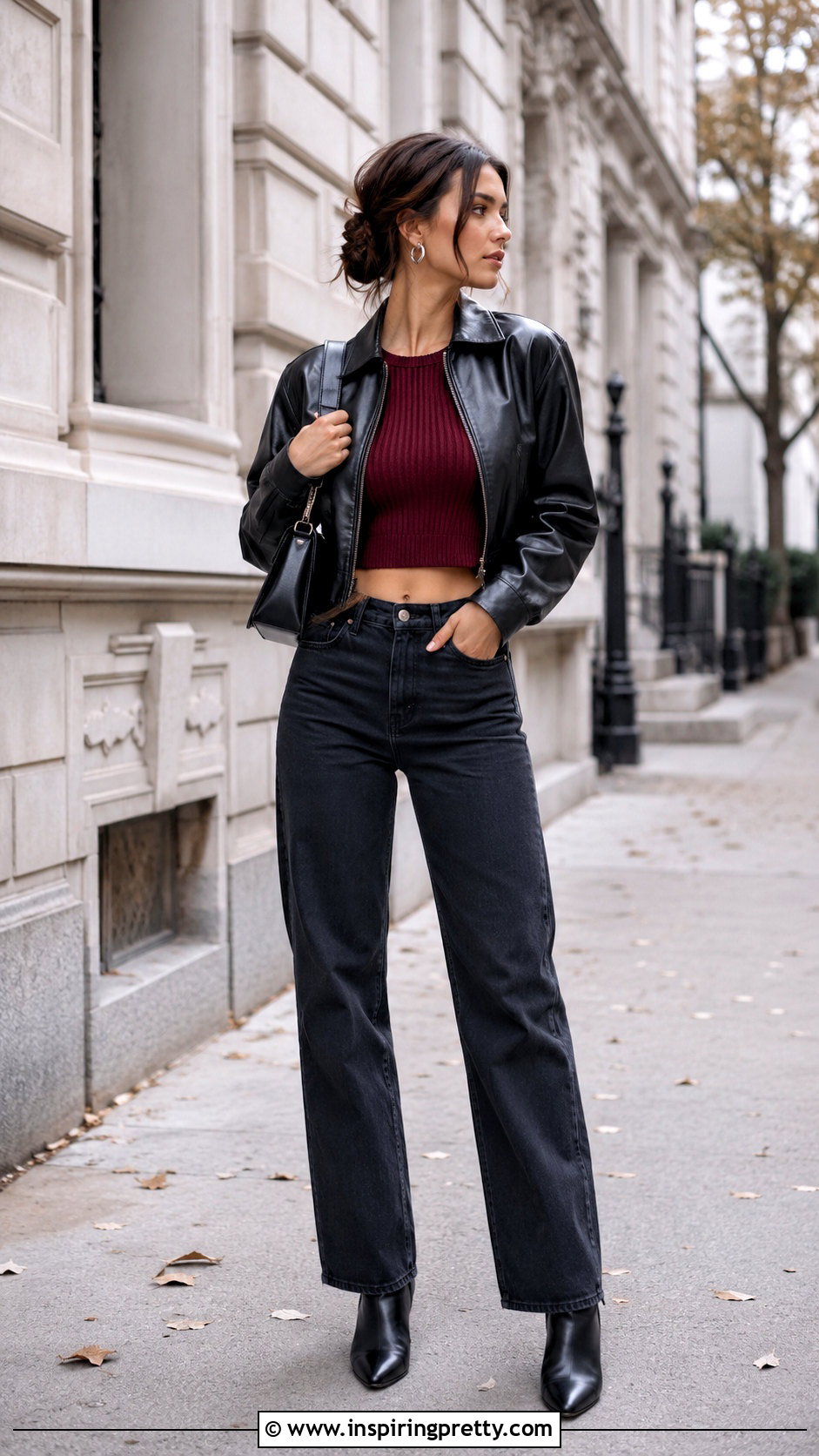 Knitted Crop Top With Leather Jacket And Black Jeans - 50 knitted crop top outfit ideas