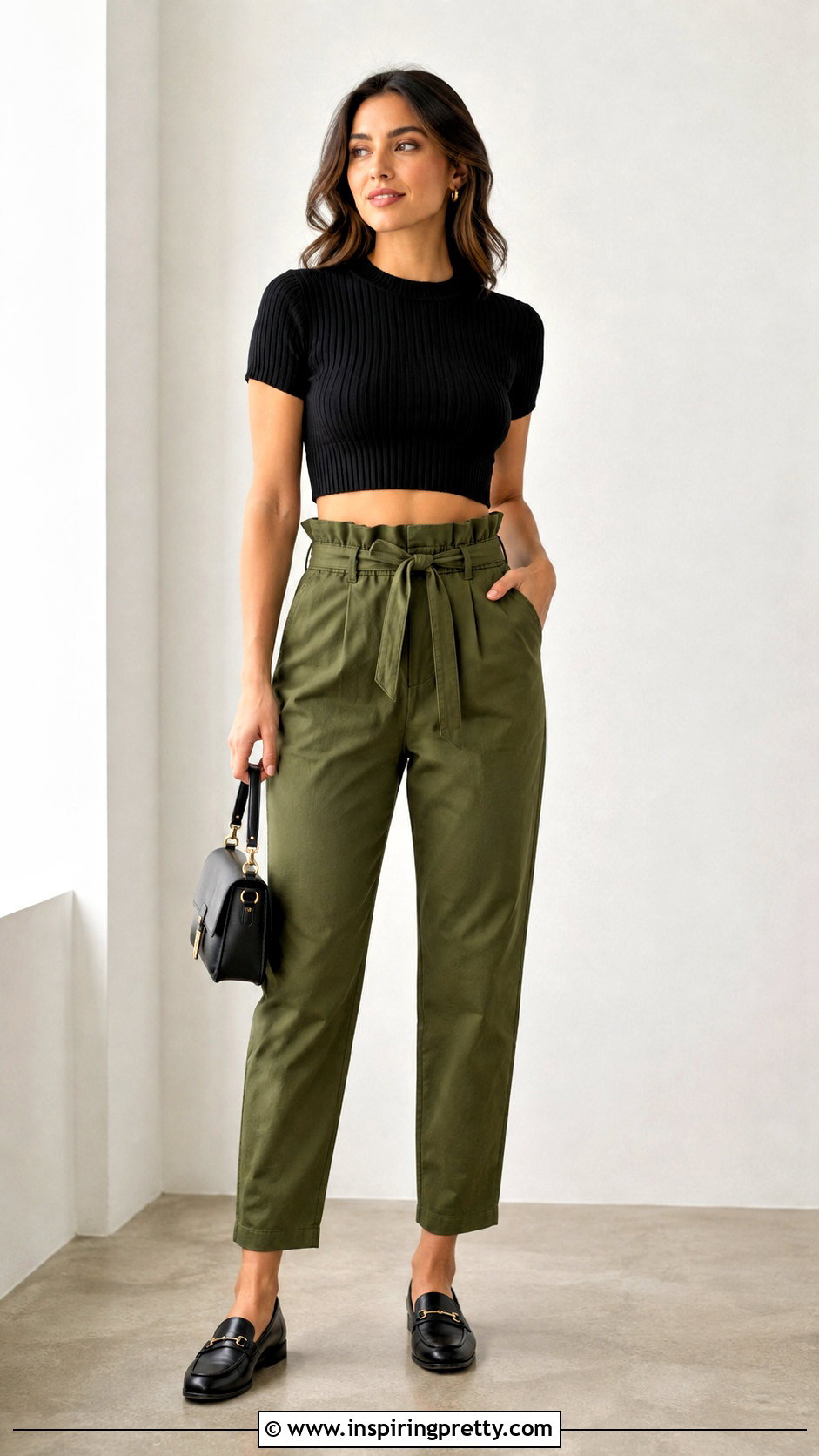 Knitted Crop Top With Paperbag Waist Pants - 50 knitted crop top outfit ideas