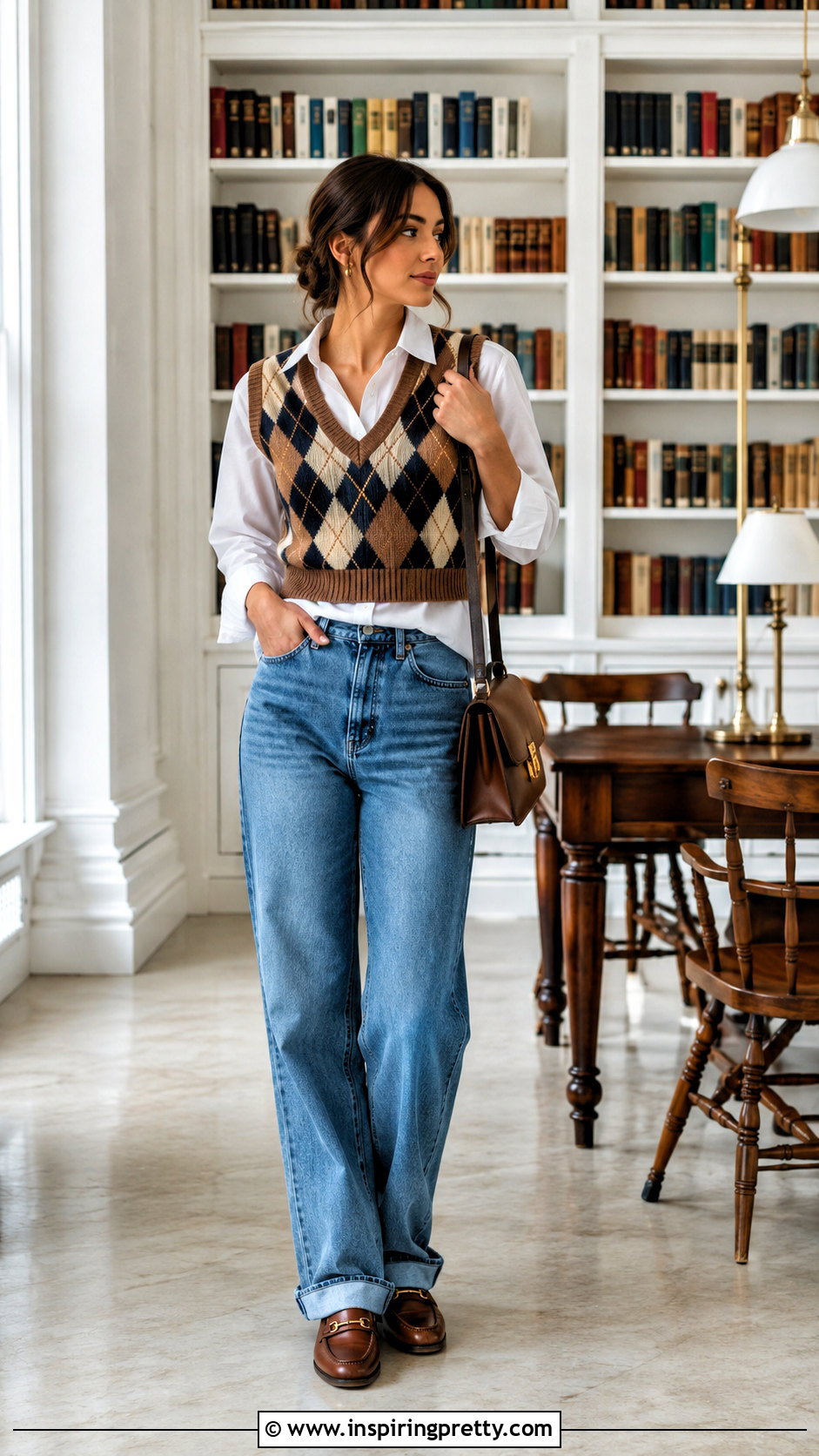 Knitted Crop Vest With Collared Shirt And Jeans - 50 knitted crop top outfit ideas