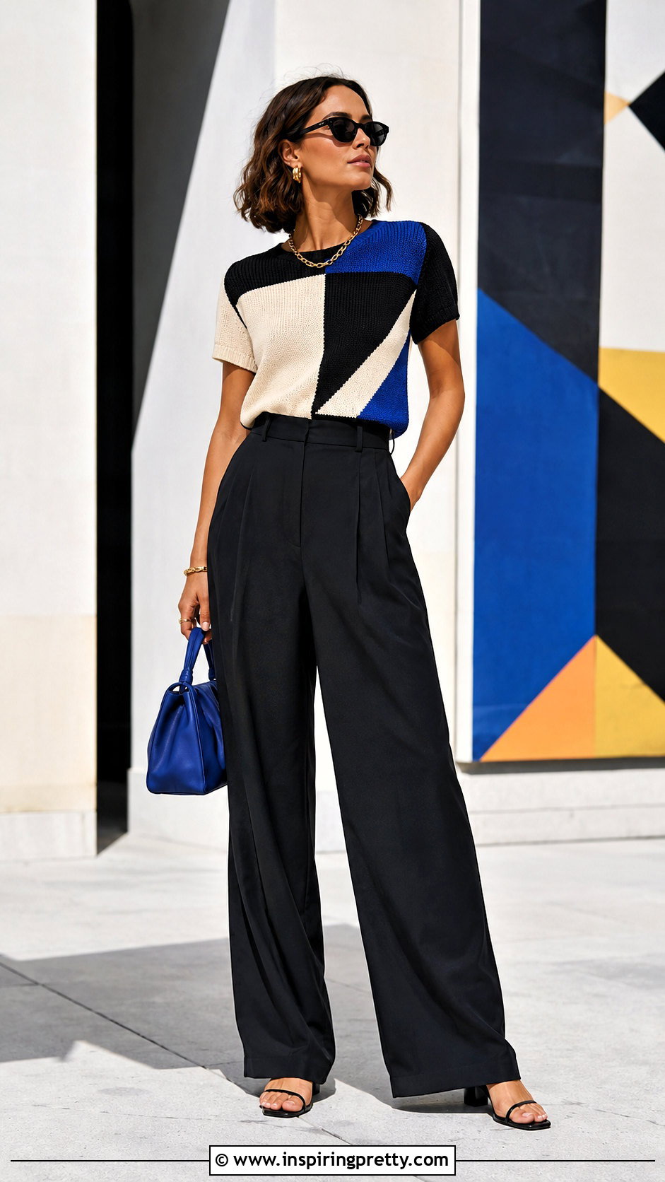 Knitted Graphic Top With Black Trousers - 50 knitted summer tops outfit ideas
