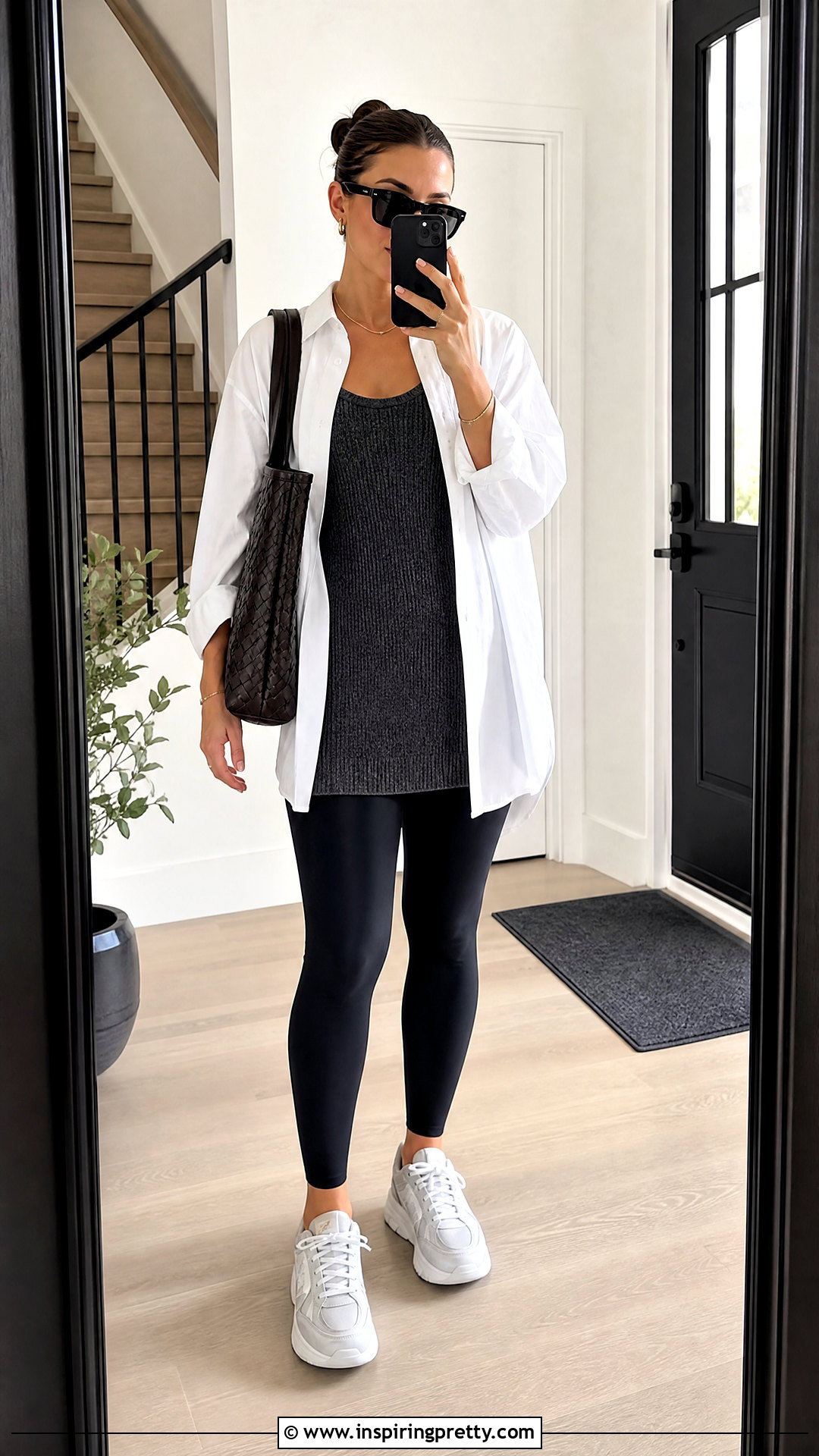 Knitted Tank Top With Leggings and an Oversized Shirt - 50 knitted tank top outfit ideas