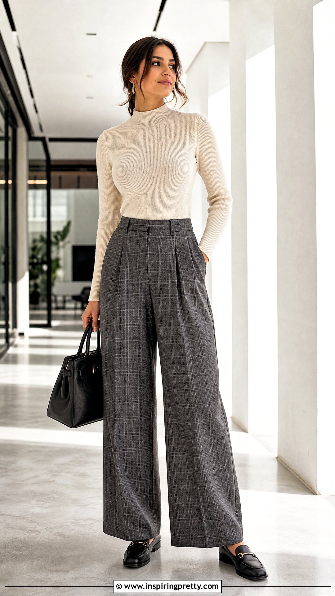 Knitted Top With Checkered Trousers - 50 knitted top outfit ideas