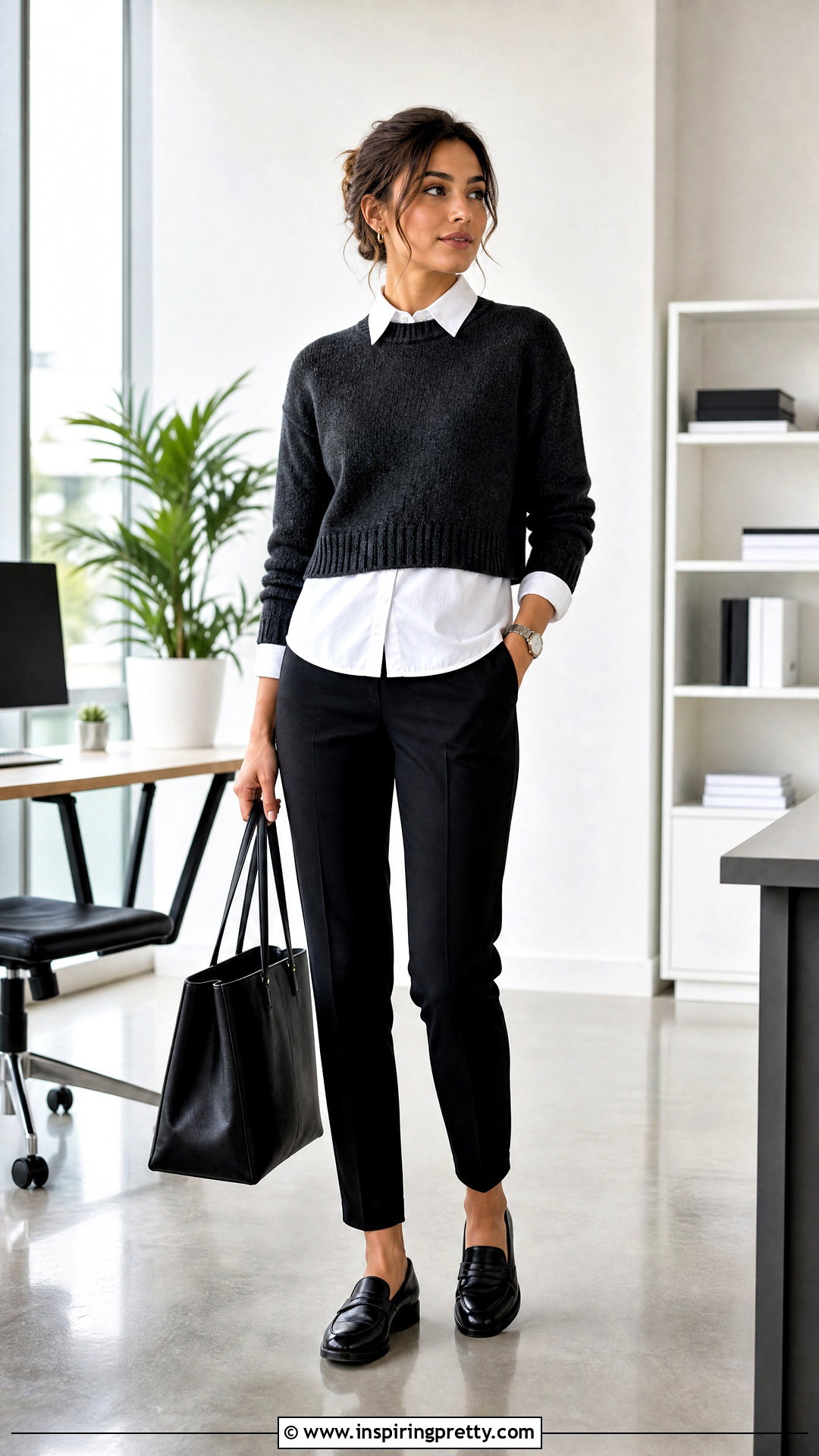 Knitted Top With Layered White Shirt - 50 knitted top outfit ideas