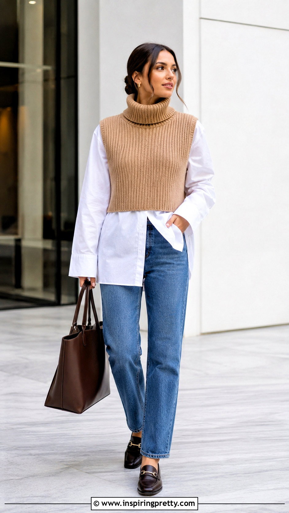 Knitted Turtleneck Crop Top Over A White Button Down Shirt - 20 Knitted Turtleneck Crop Top outfit ideas