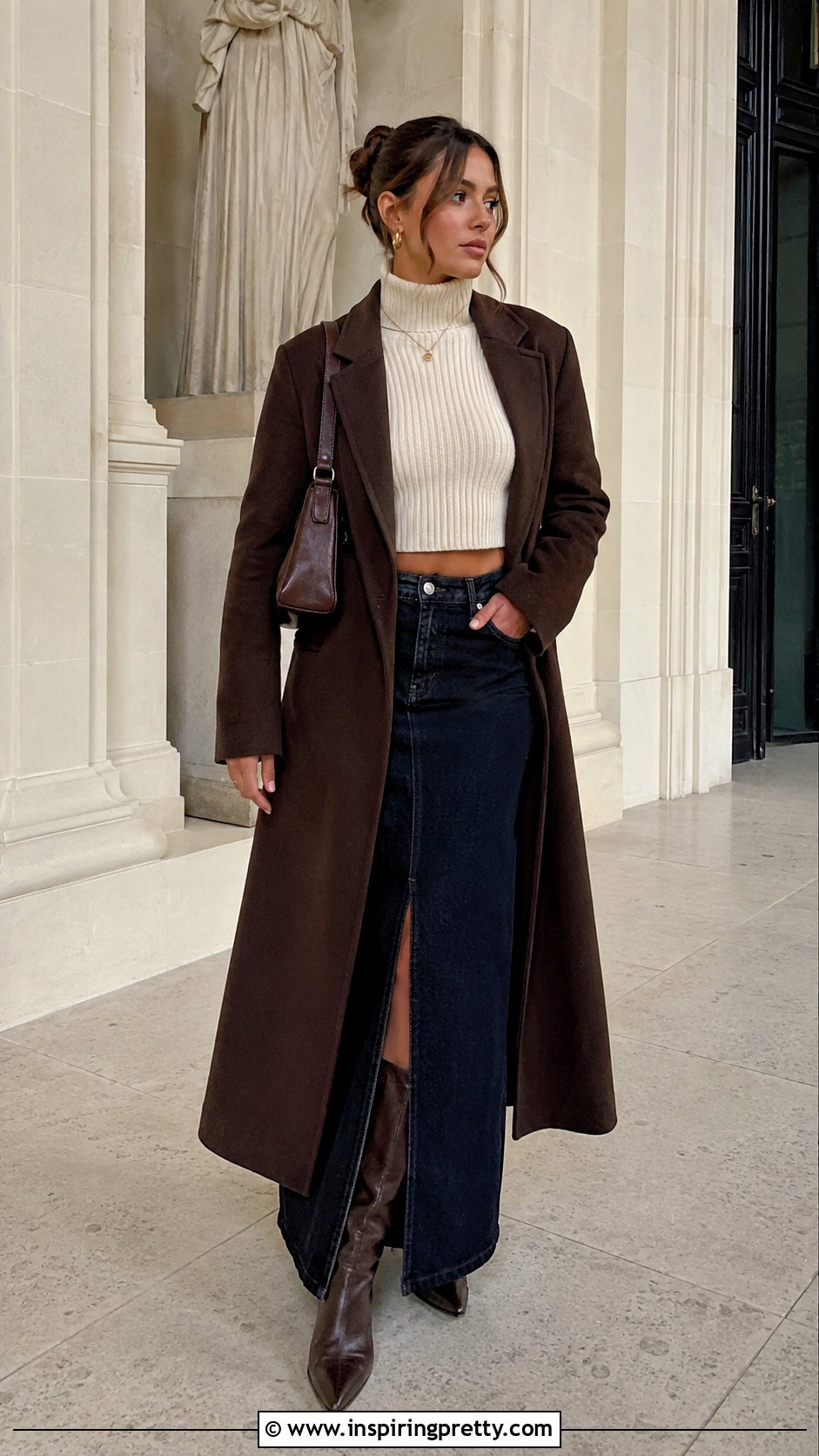 Knitted Turtleneck Crop Top With Denim Maxi Skirt - 20 Knitted Turtleneck Crop Top outfit ideas