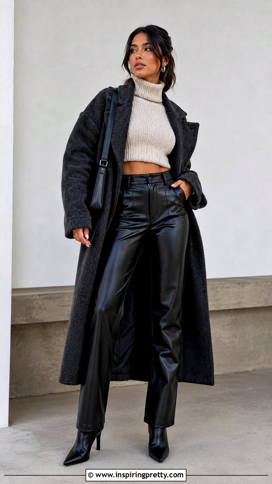 Knitted Turtleneck Crop Top With Faux Leather Pants - 20 Knitted Turtleneck Crop Top outfit ideas