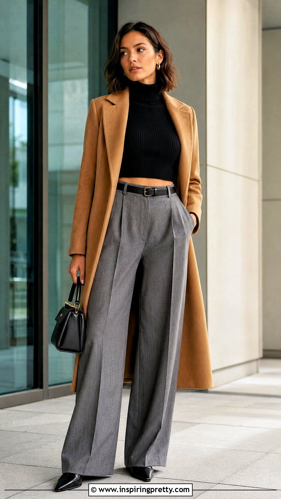 Knitted Turtleneck Crop Top With Wide Leg Trousers - 20 Knitted Turtleneck Crop Top outfit ideas
