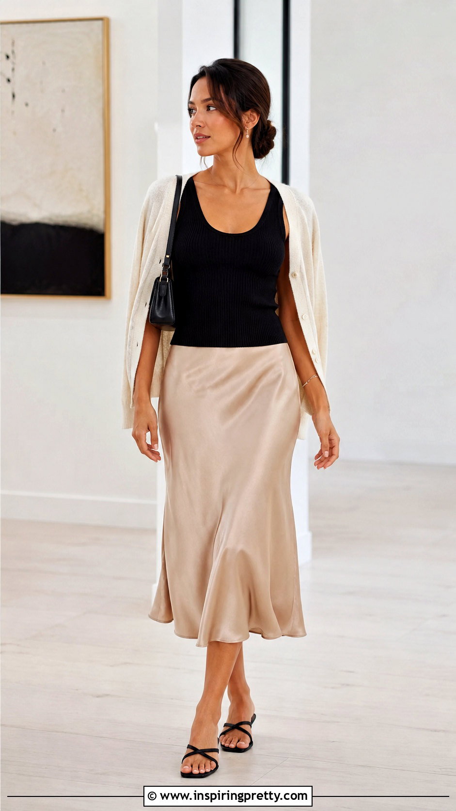 Knitted Vest Tank Top With Satin Midi Skirt - 20 knitted vest tank top outfit ideas