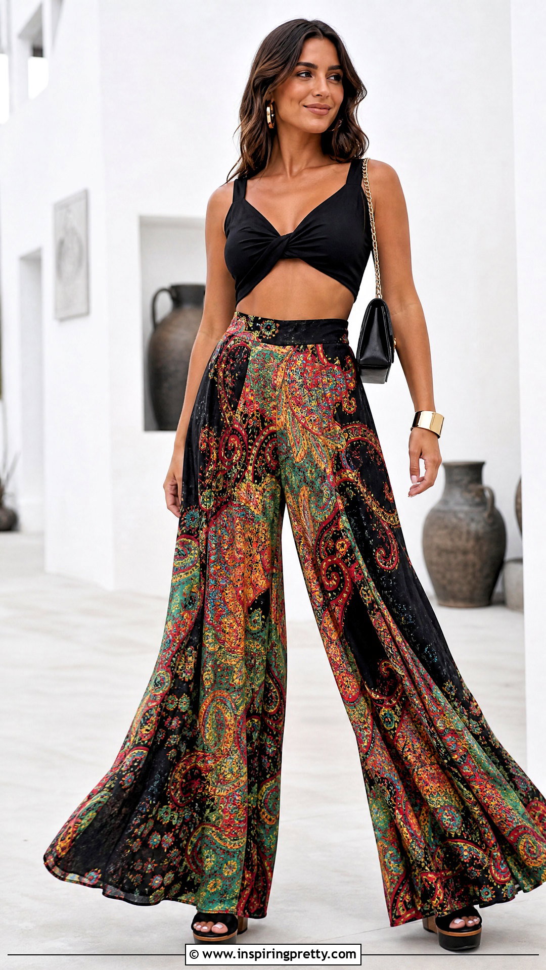Knot Front Crop Top With Printed Palazzo Pants - 25 Knot Front Crop Top outfit ideas