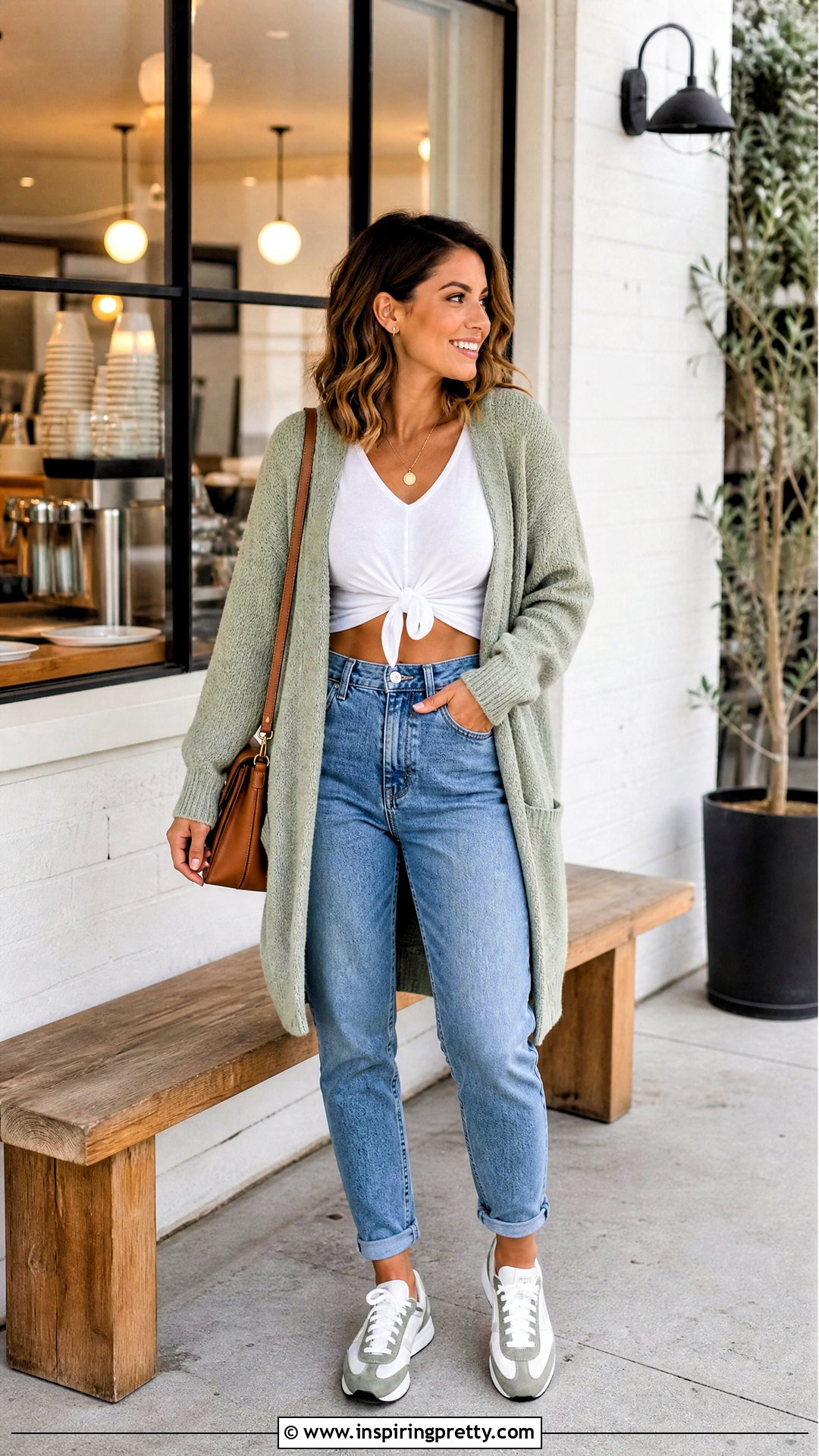 Knot Front Crop Top With a Cardigan and Mom Jeans - 25 Knot Front Crop Top outfit ideas