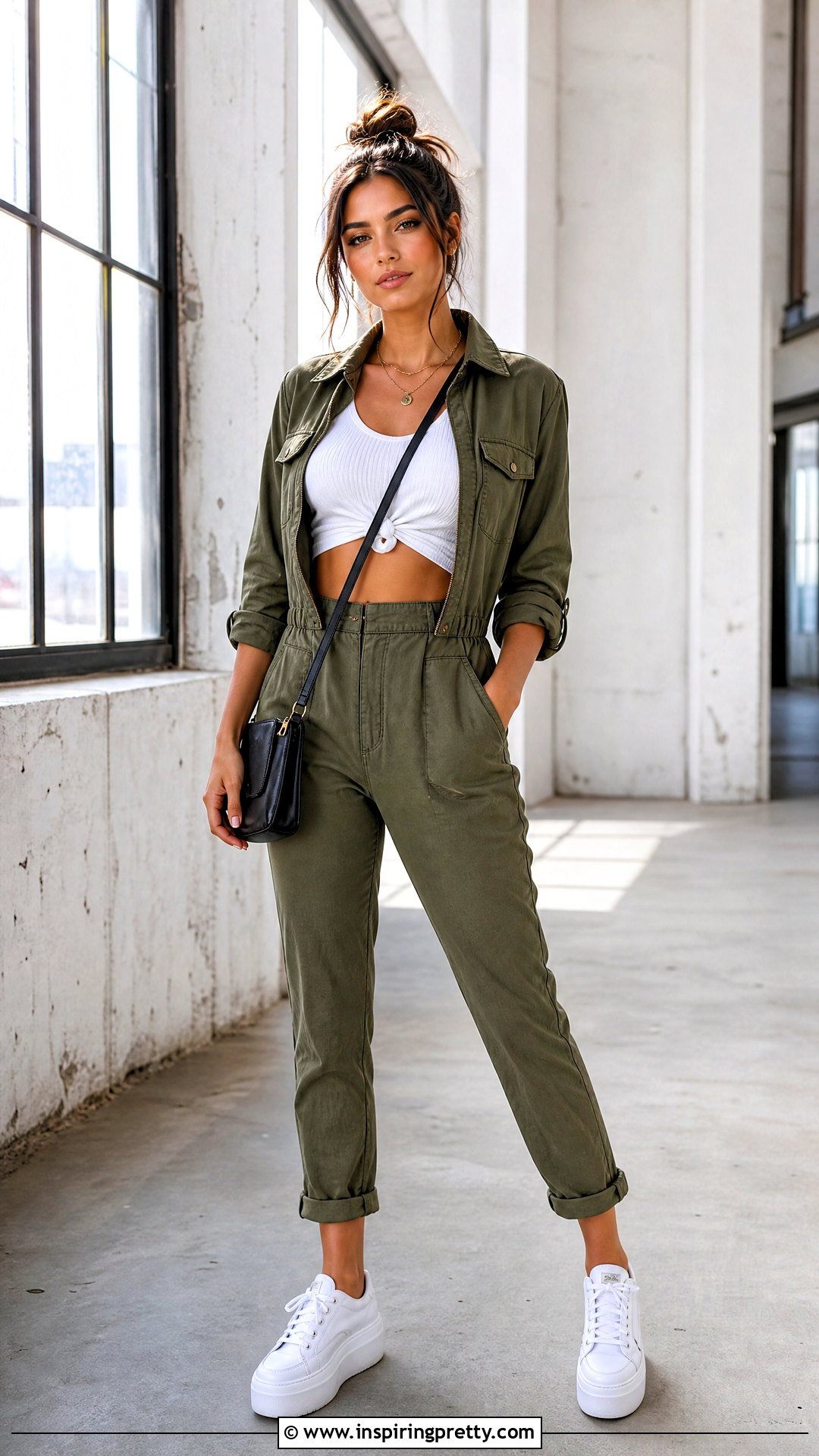 Knot Front Crop Top With a Utility Jumpsuit - 25 Knot Front Crop Top outfit ideas
