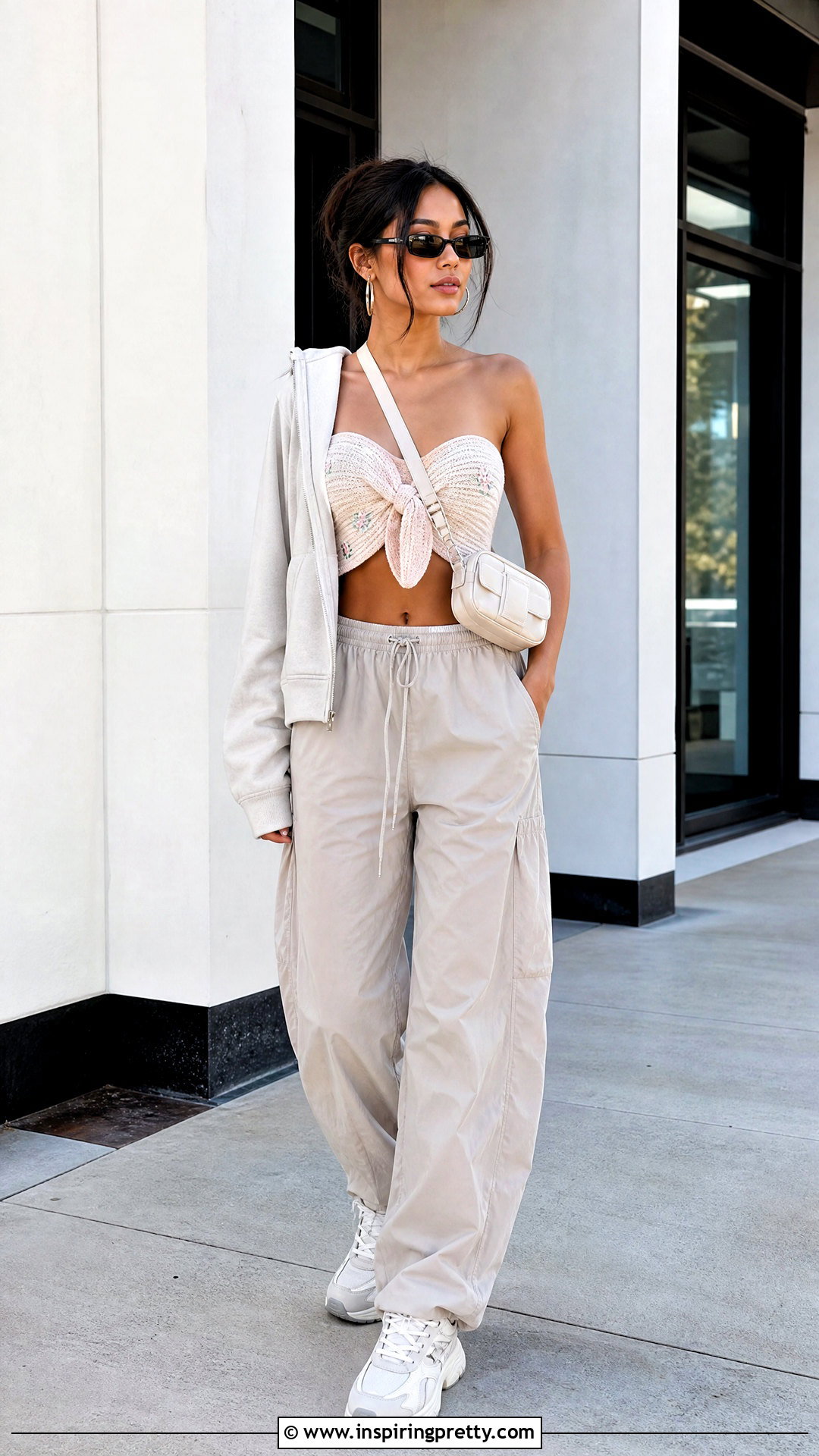 Knot Front Knit Embroidered Tube Top With Parachute Pants - 25 knot front knit embroidered tube top outfit ideas