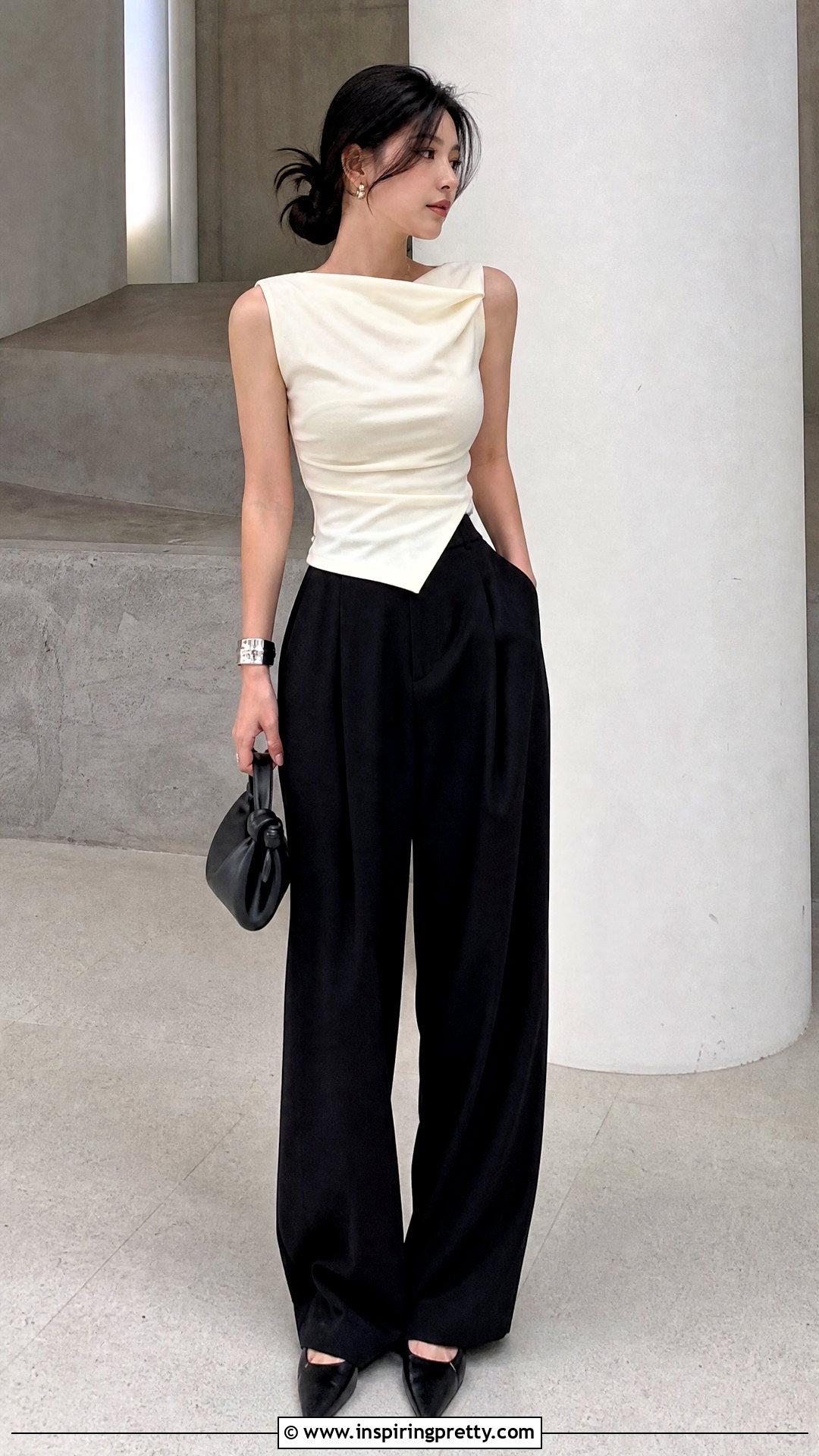 Korean Asymmetrical Top With Black Trousers - 50 korean tops designs