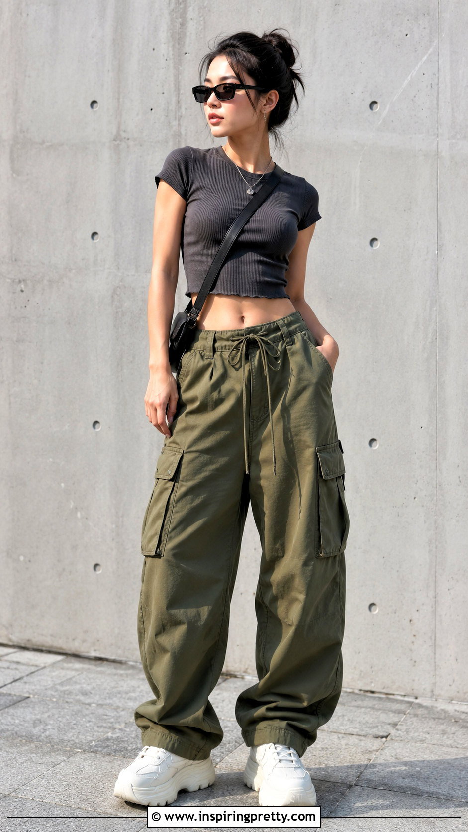 Korean Baby Tee And Cargo Pants Outfit - 50 korean tops outfits