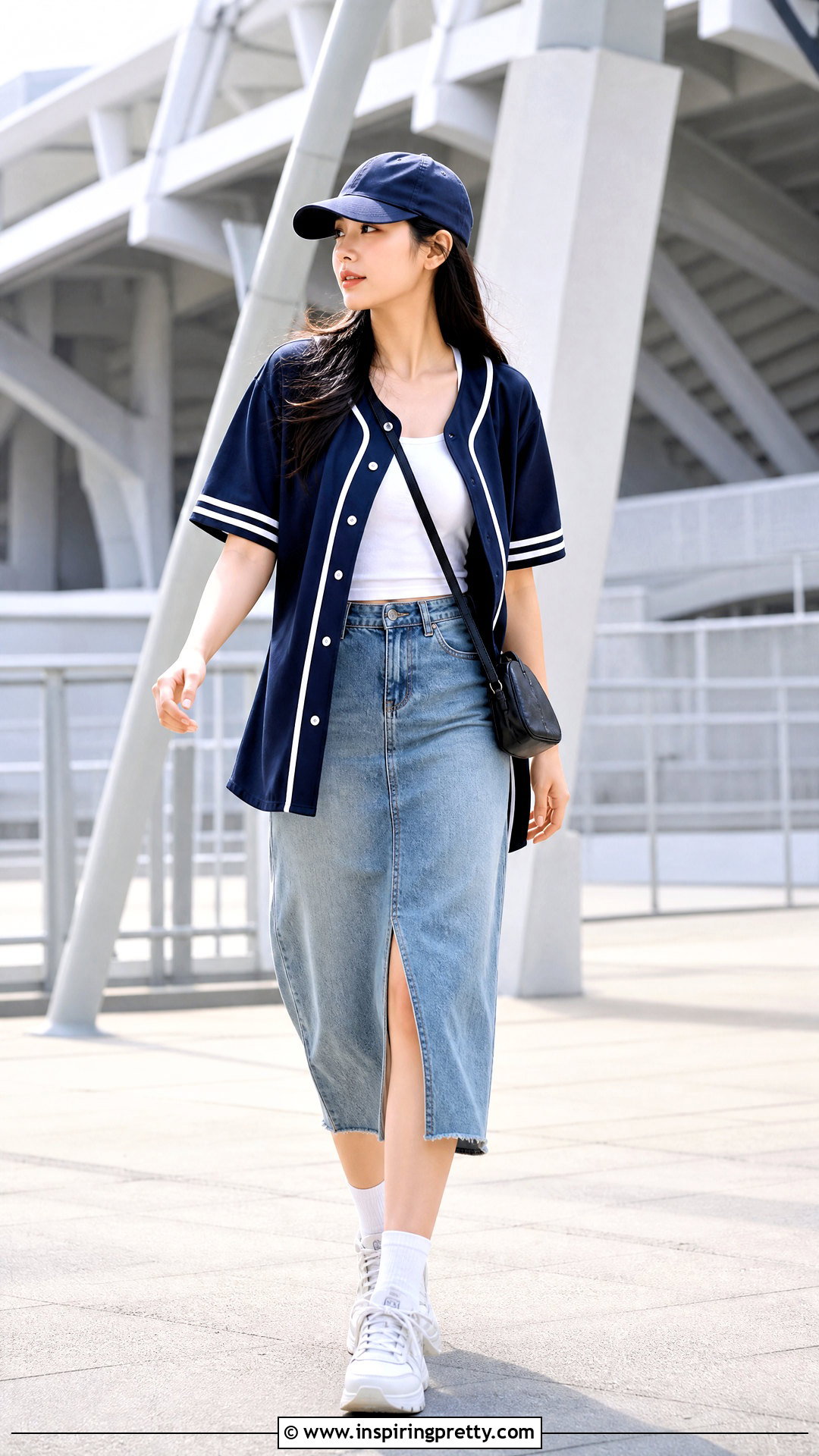 Korean Baseball Jersey Top With Denim Skirt - 50 cute korean tops outfit ideas