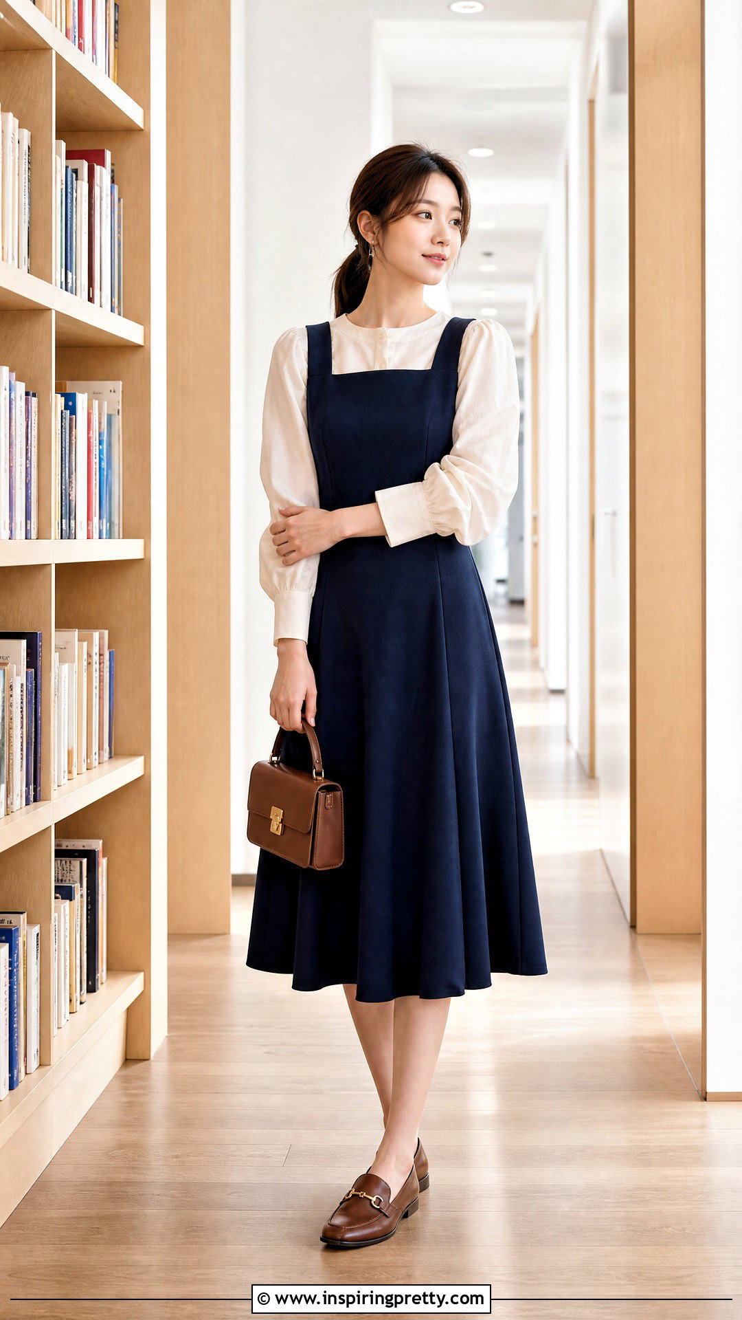 Korean Blouse With Pinafore Dress - 50 korean tops outfit ideas