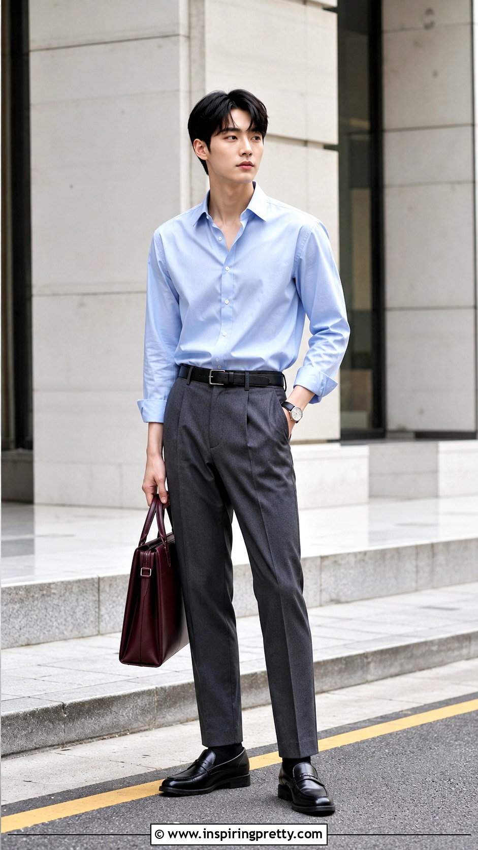 Korean Blue Shirt And Gray Trousers Outfit - 50 korean fashion top outfit ideas