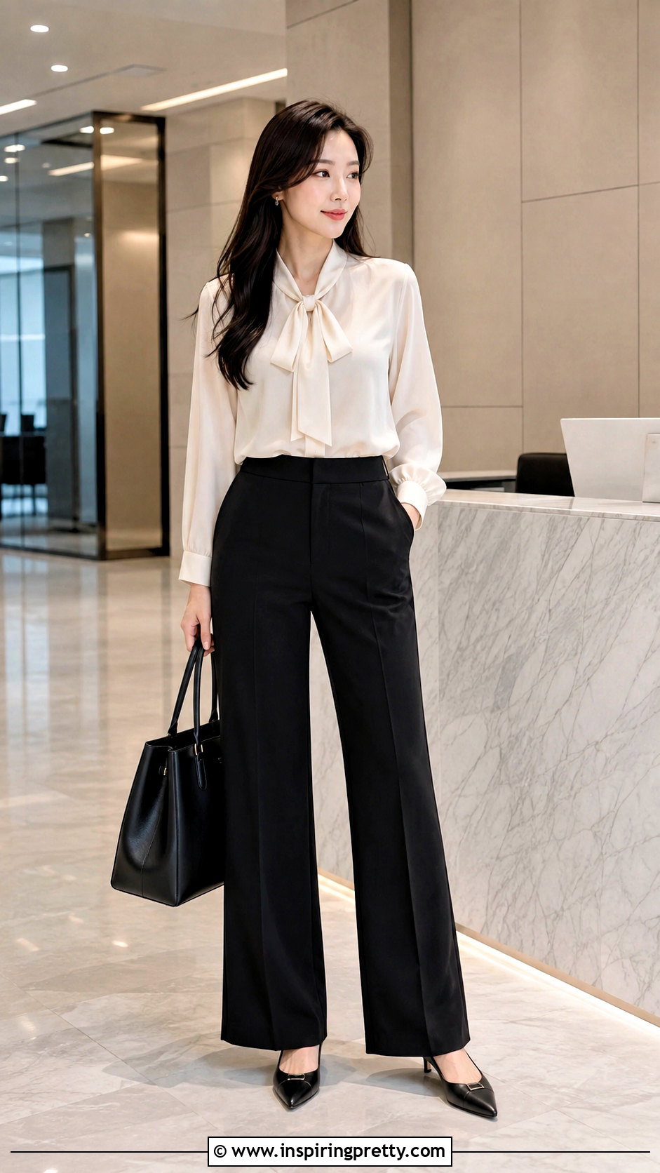 Korean Bow Blouse And Black Trousers Outfit - 50 korean fashion top outfit ideas