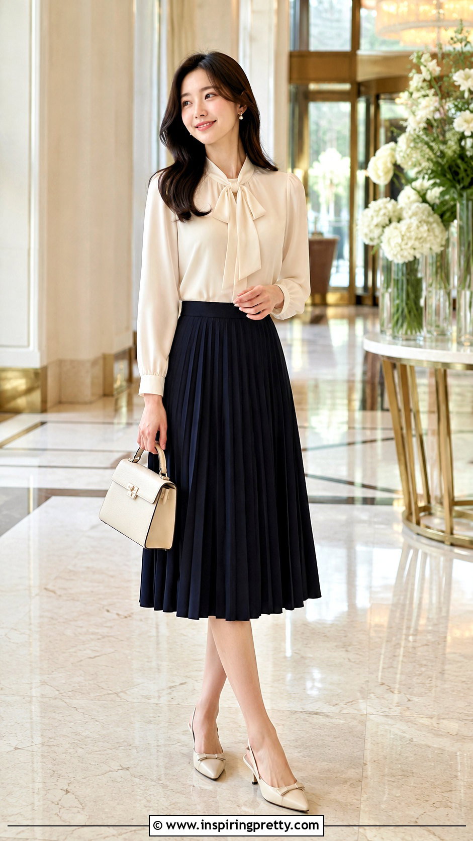 Korean Bow Blouse And Midi Skirt Outfit - 50 korean tops outfits